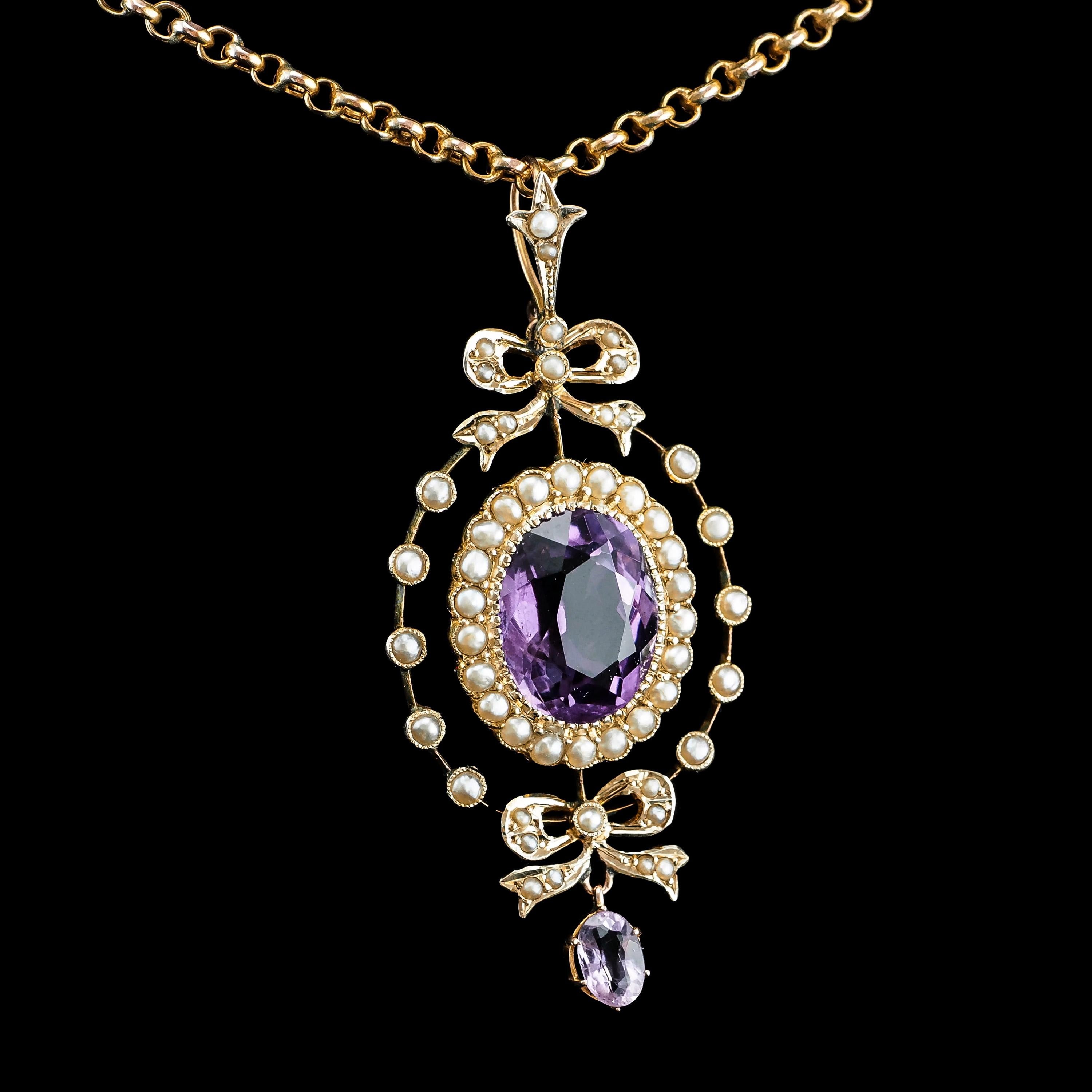 Antique Edwardian Amethyst & Seed Pearl 9k Gold Necklace Pendant, circa 1905 7