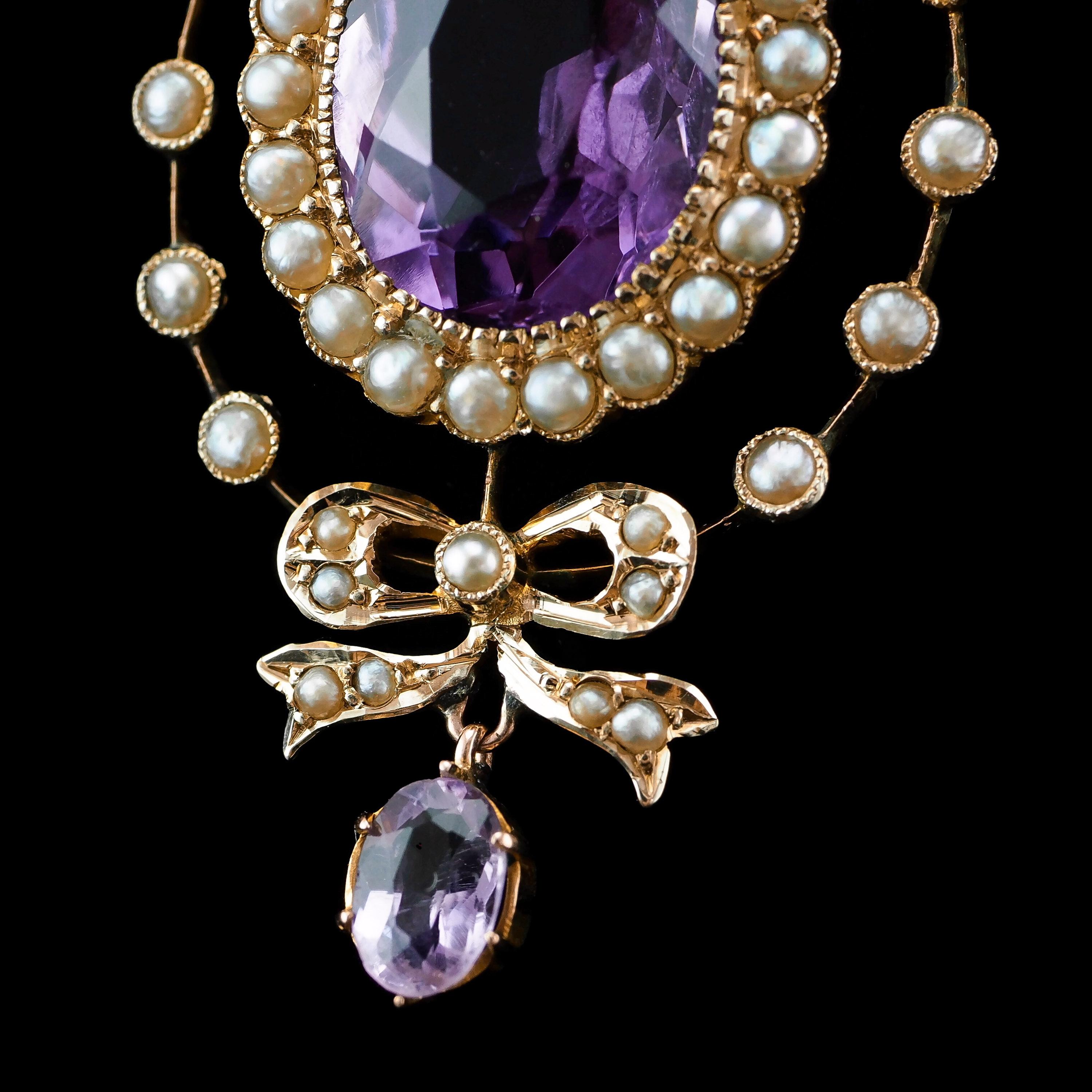 Antique Edwardian Amethyst & Seed Pearl 9k Gold Necklace Pendant, circa 1905 8