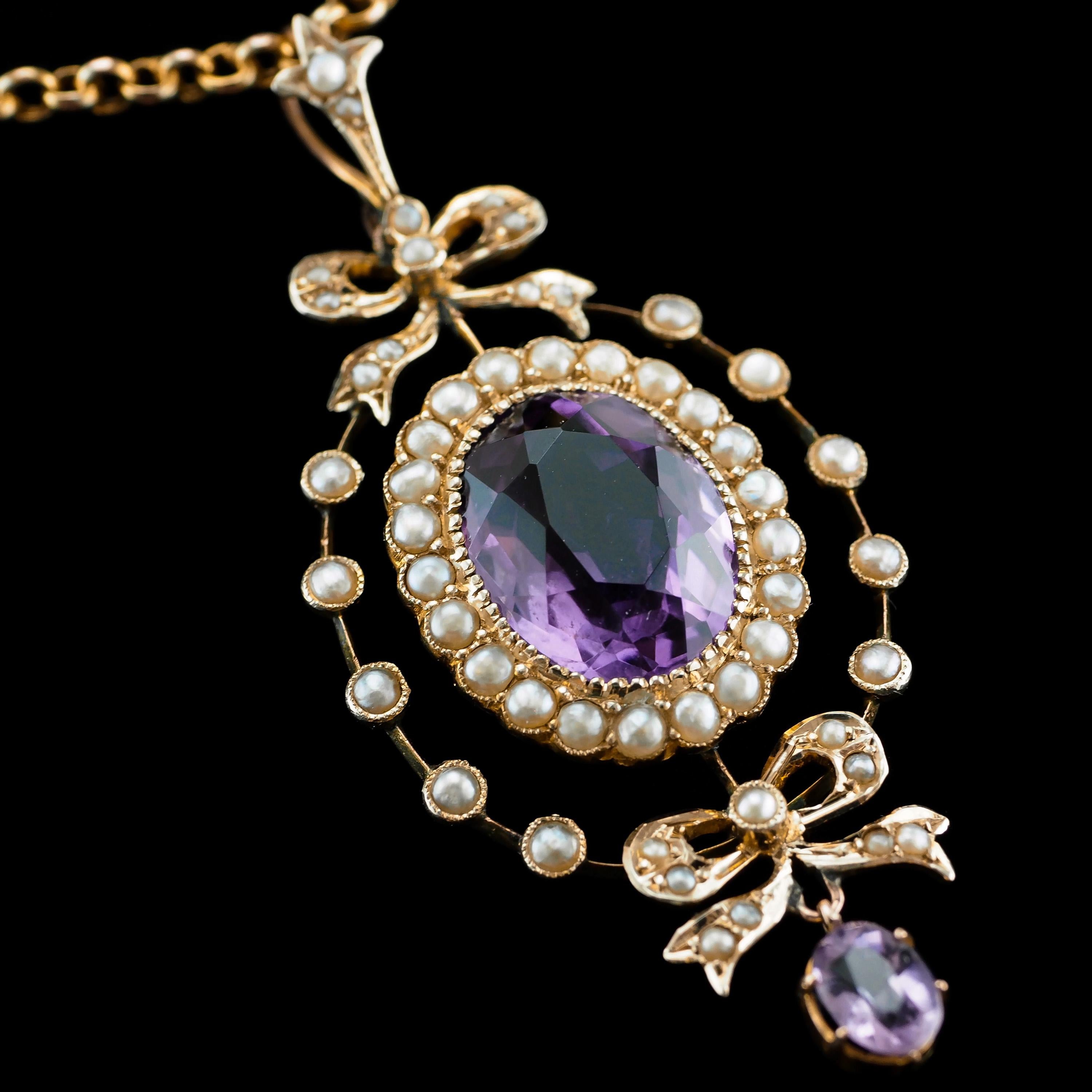 Antique Edwardian Amethyst & Seed Pearl 9k Gold Necklace Pendant, circa 1905 9