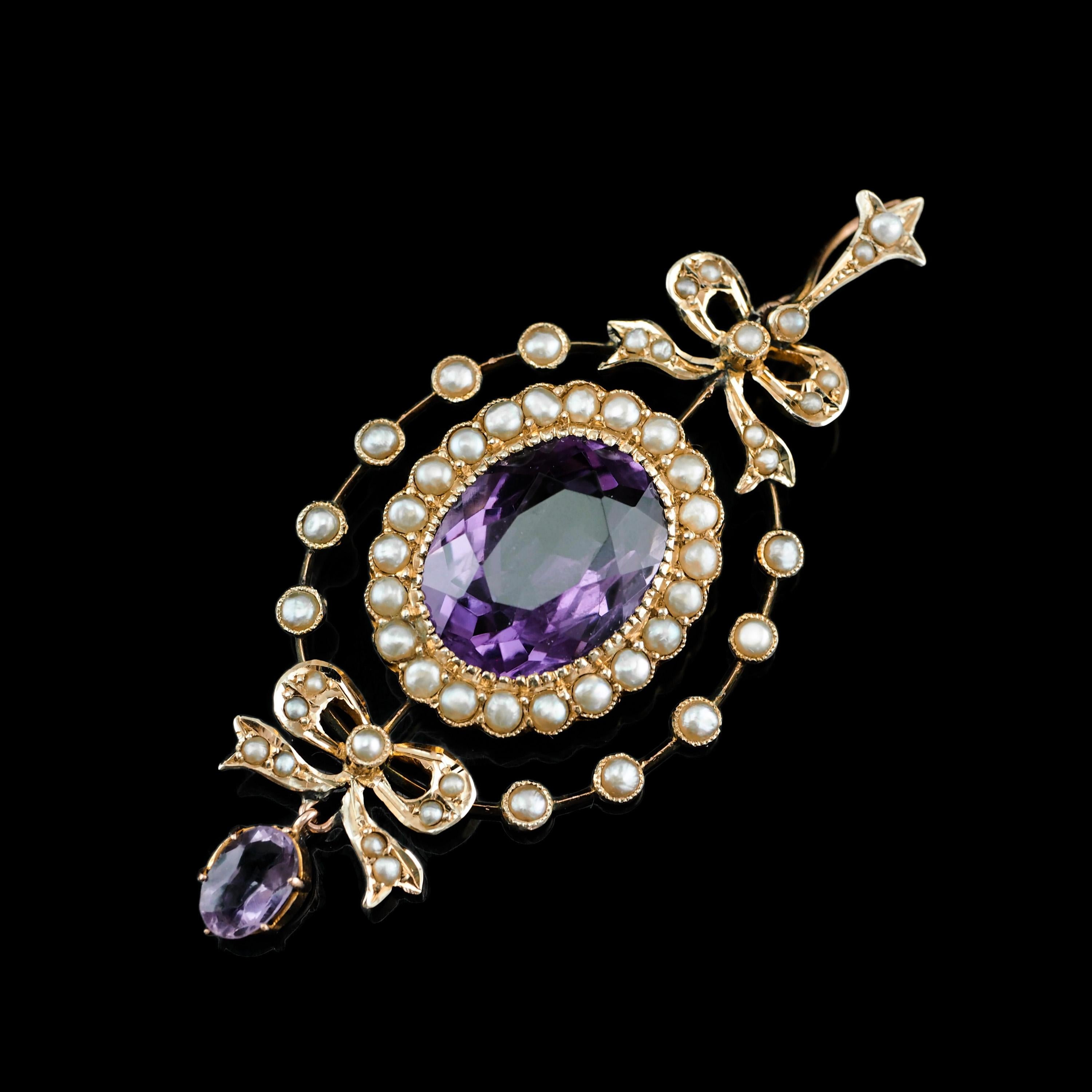 Antique Edwardian Amethyst & Seed Pearl 9k Gold Necklace Pendant, circa 1905 10