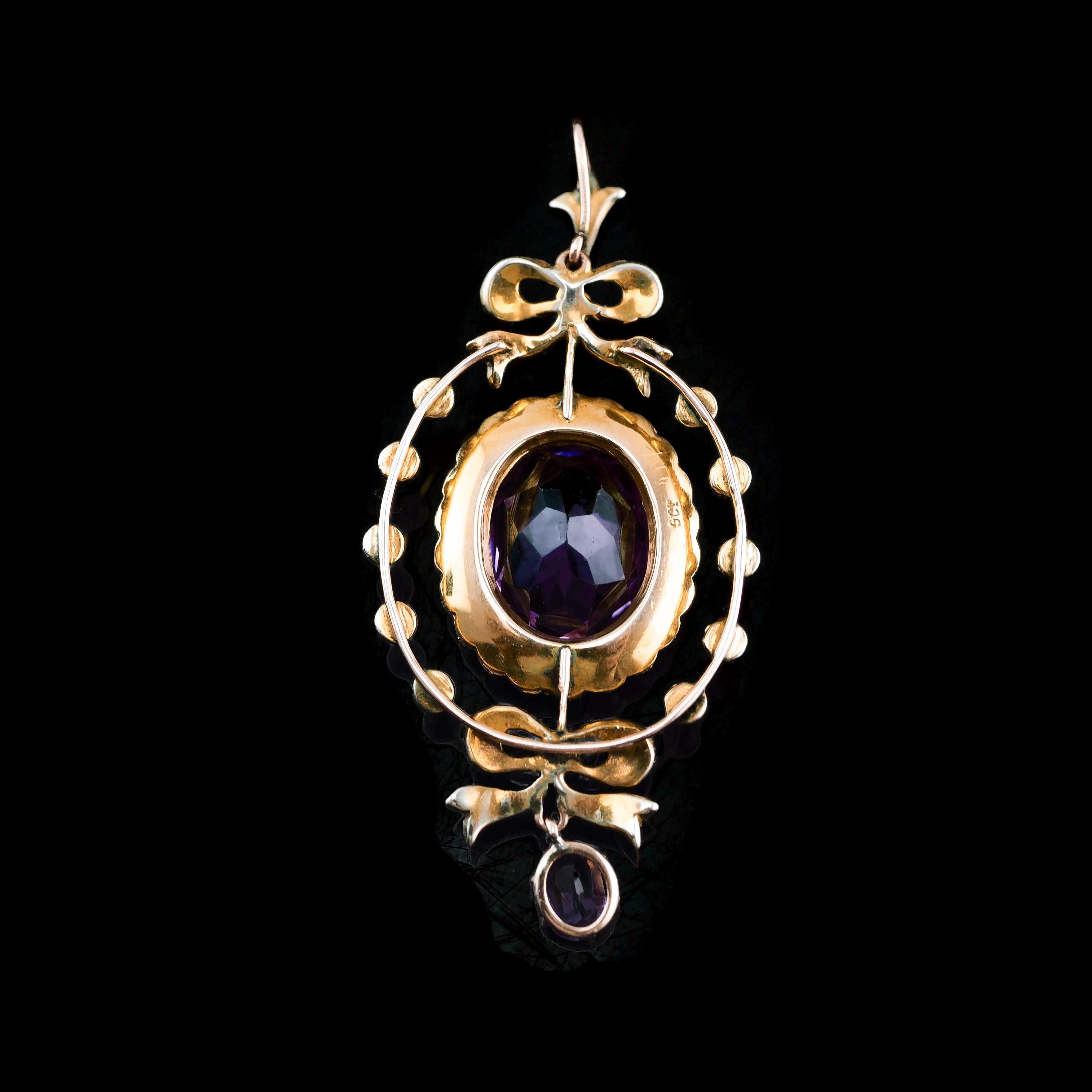 Antique Edwardian Amethyst & Seed Pearl 9k Gold Necklace Pendant, circa 1905 11