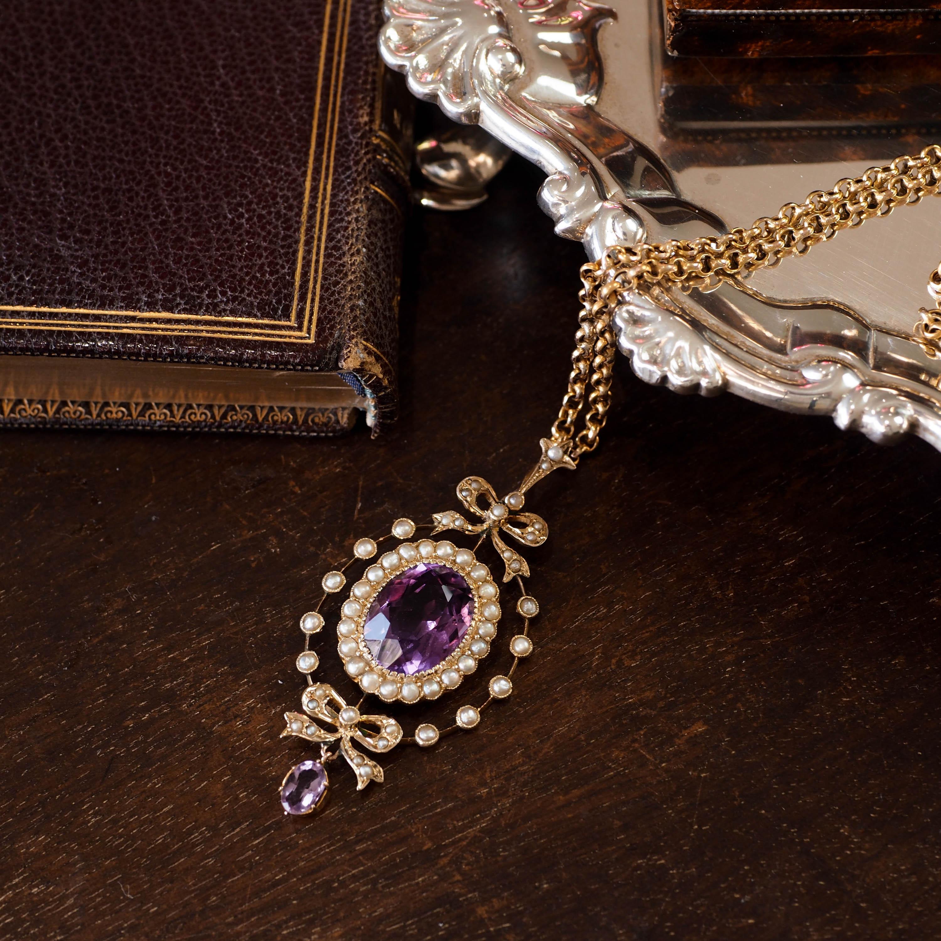 Antique Edwardian Amethyst & Seed Pearl 9k Gold Necklace Pendant, circa 1905 14