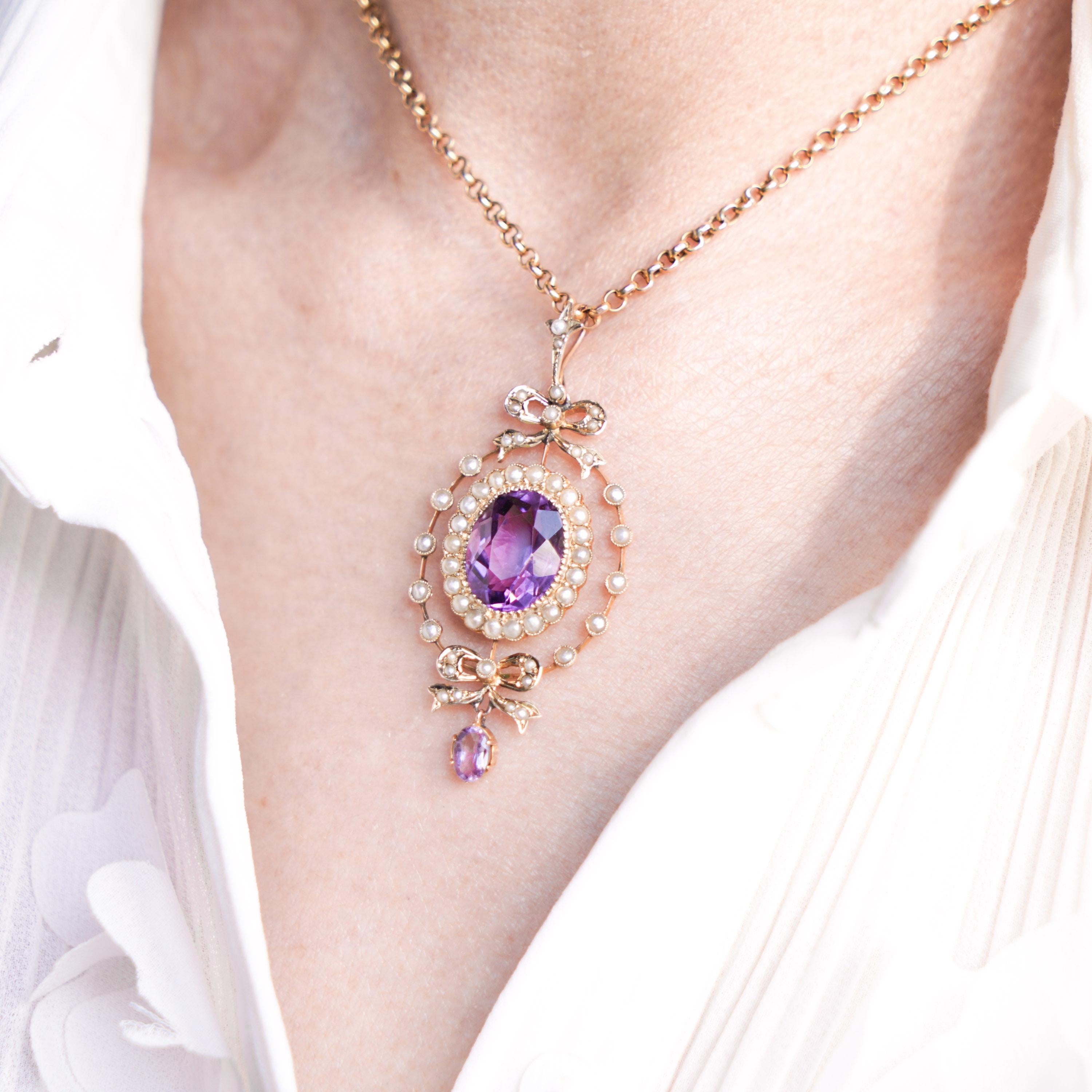 We are delighted to offer this fabulous antique amethyst & seed pearl necklace made in the Edwardian period c.1890.

(Please note, this listing is for the pendant only and does not include the antique belcher chain. We will, however, include a