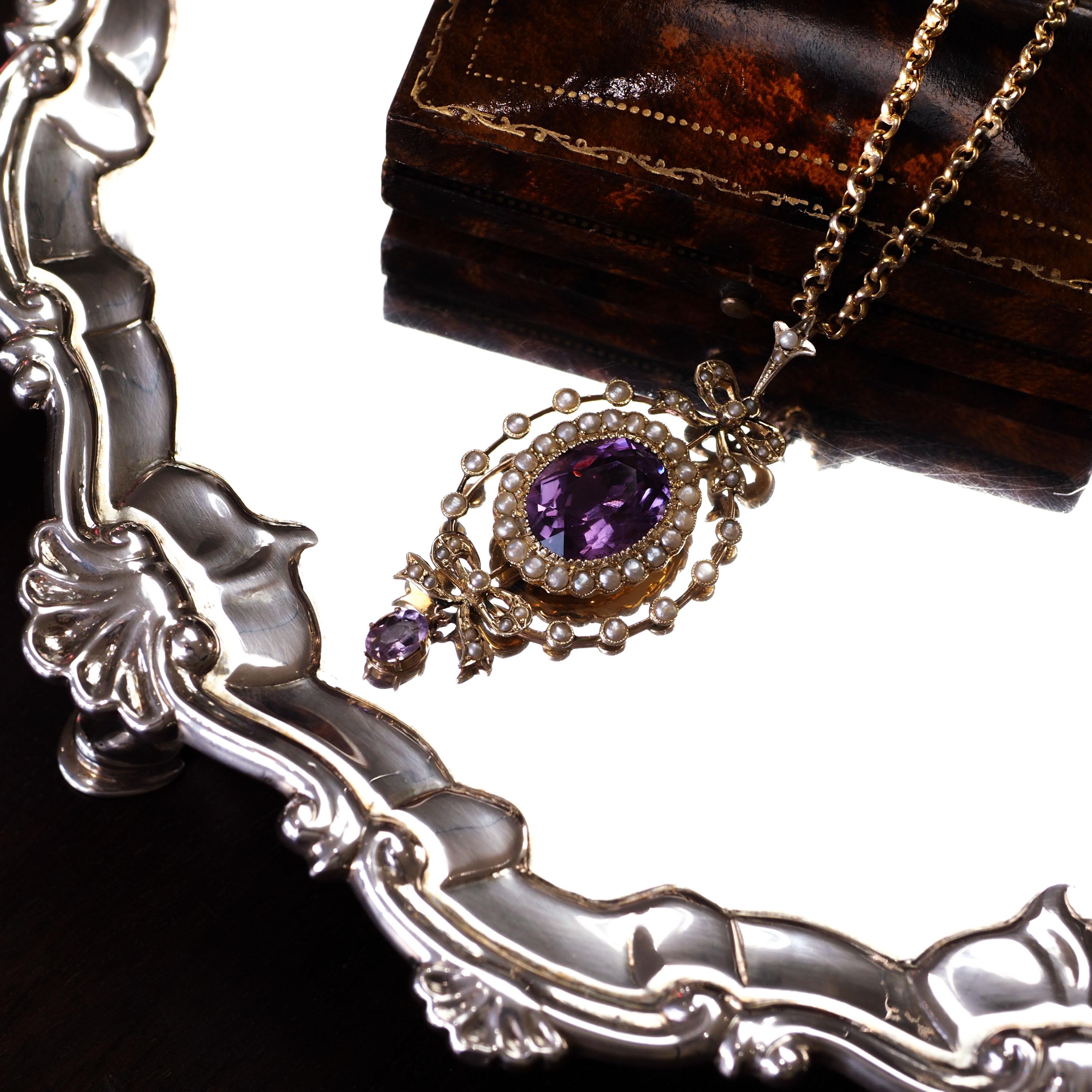 Oval Cut Antique Edwardian Amethyst & Seed Pearl 9k Gold Necklace Pendant, circa 1905