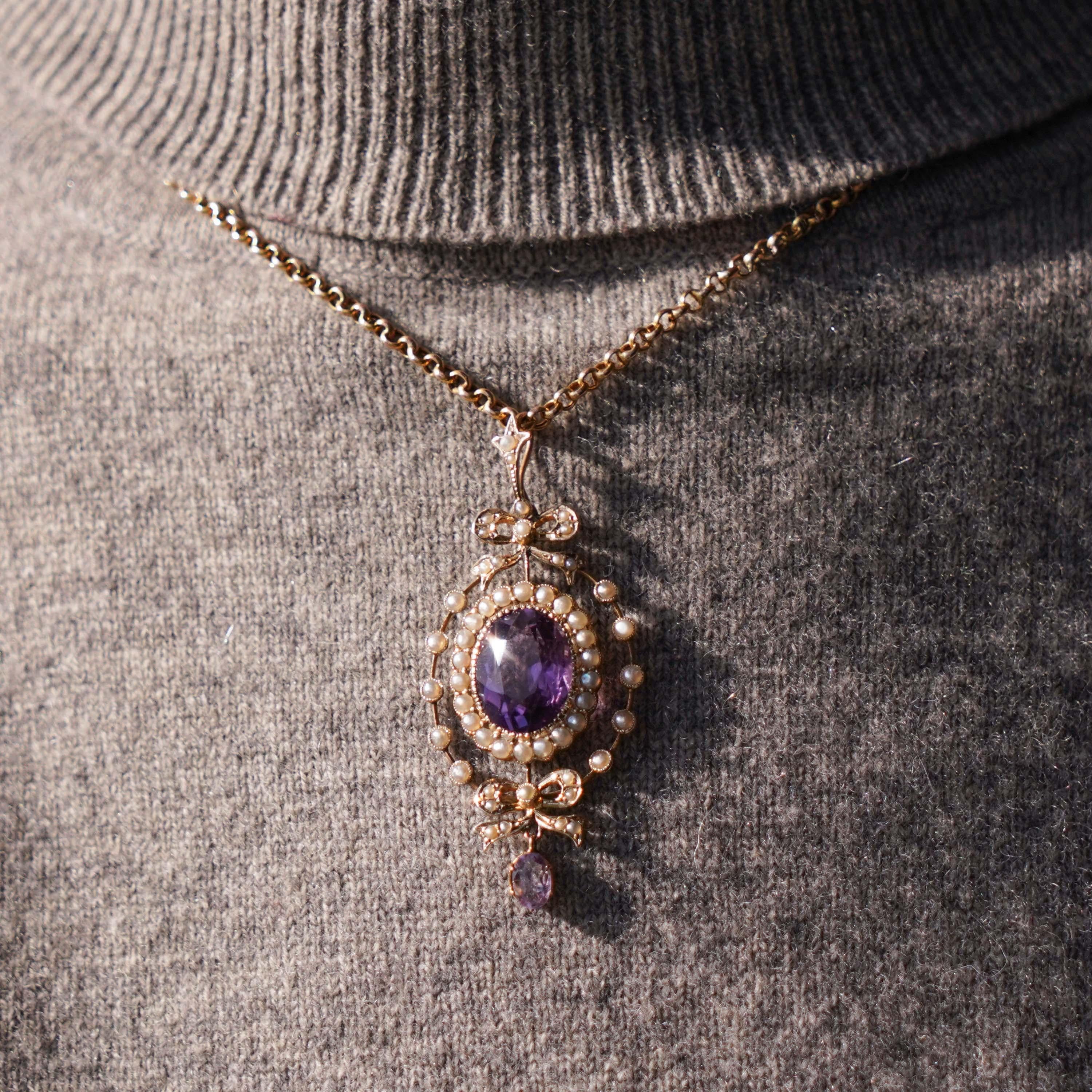 Women's or Men's Antique Edwardian Amethyst & Seed Pearl 9k Gold Necklace Pendant, circa 1905