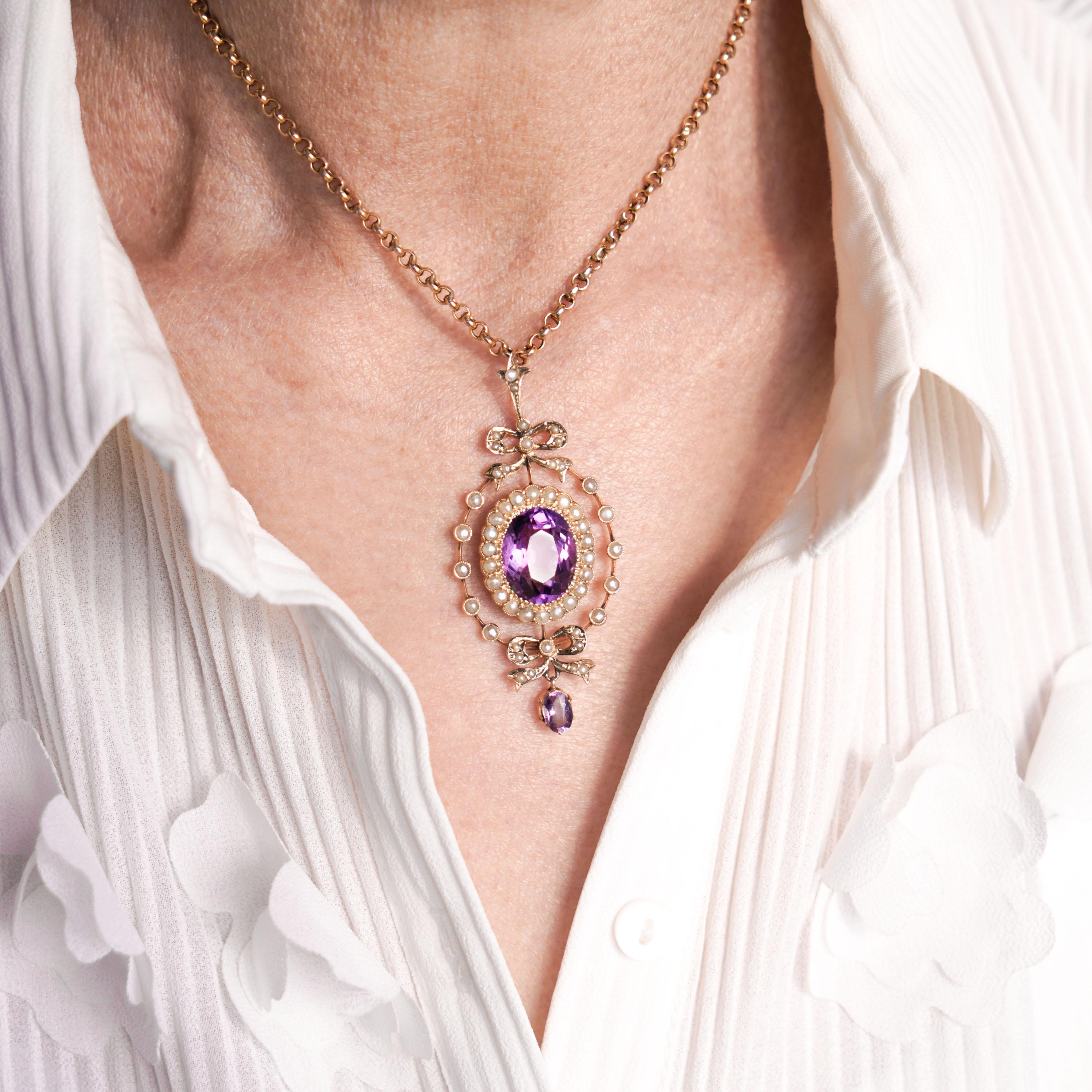 Antique Edwardian Amethyst & Seed Pearl 9k Gold Necklace Pendant, circa 1905 1