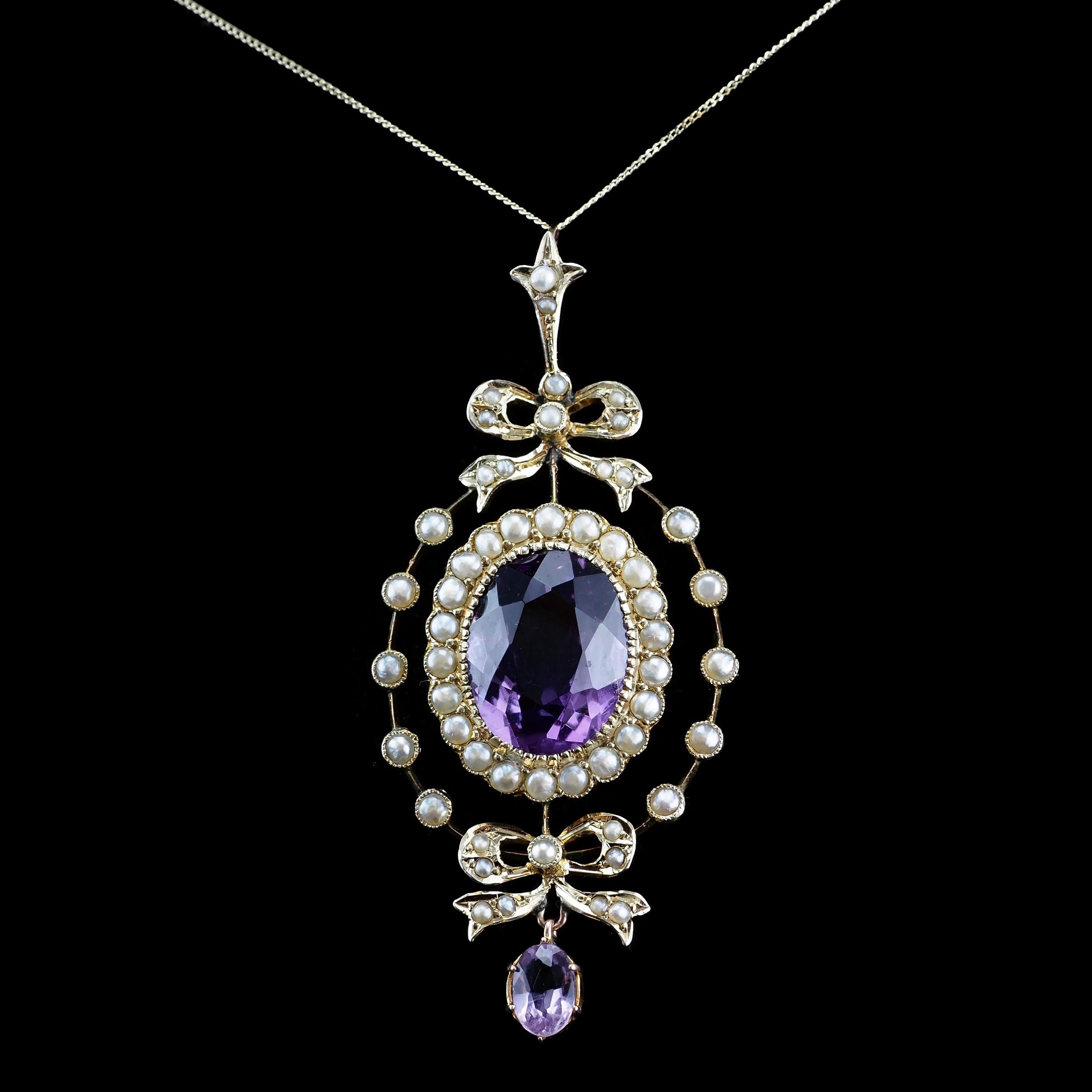Antique Edwardian Amethyst & Seed Pearl 9k Gold Necklace Pendant, circa 1905 2