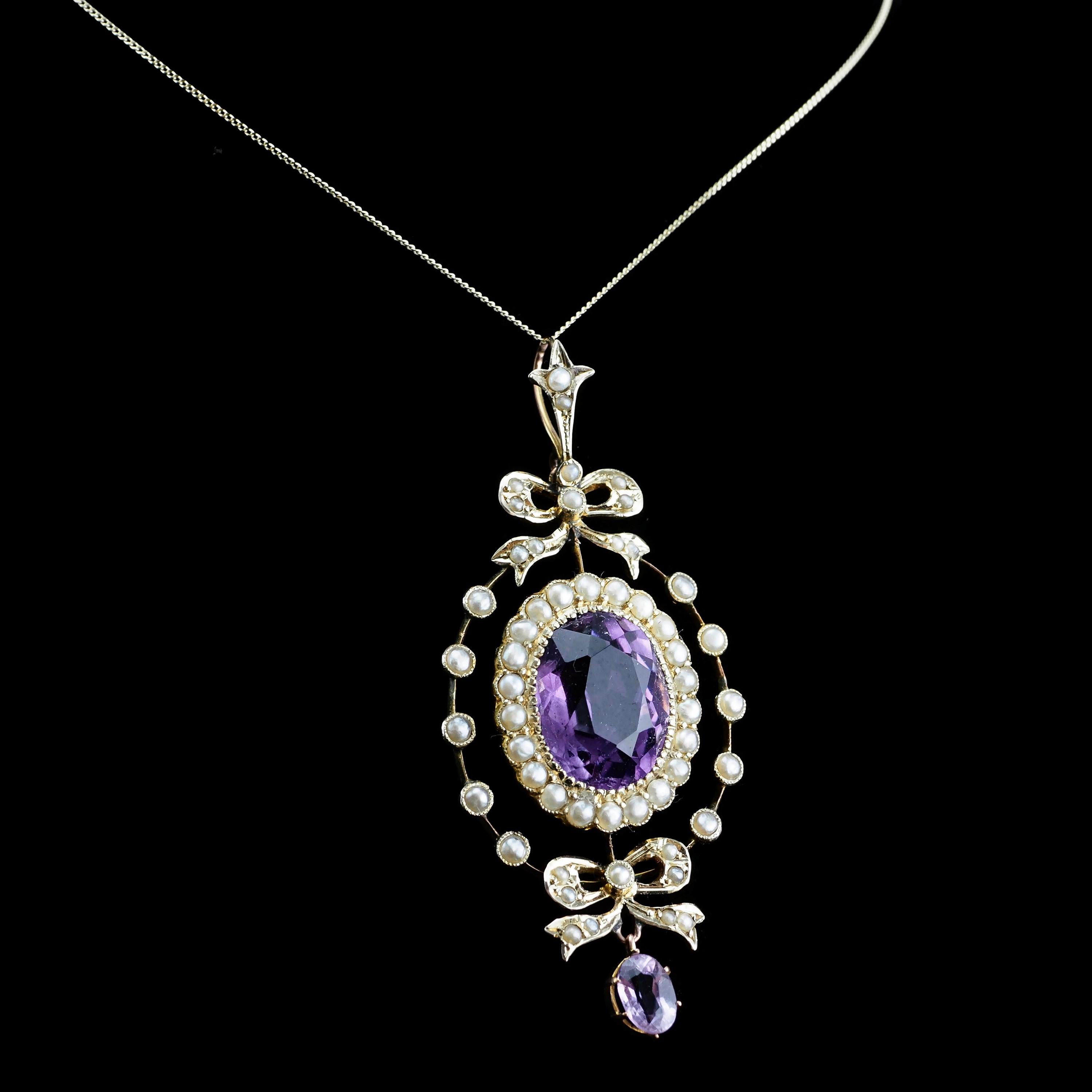 Antique Edwardian Amethyst & Seed Pearl 9k Gold Necklace Pendant, circa 1905 3