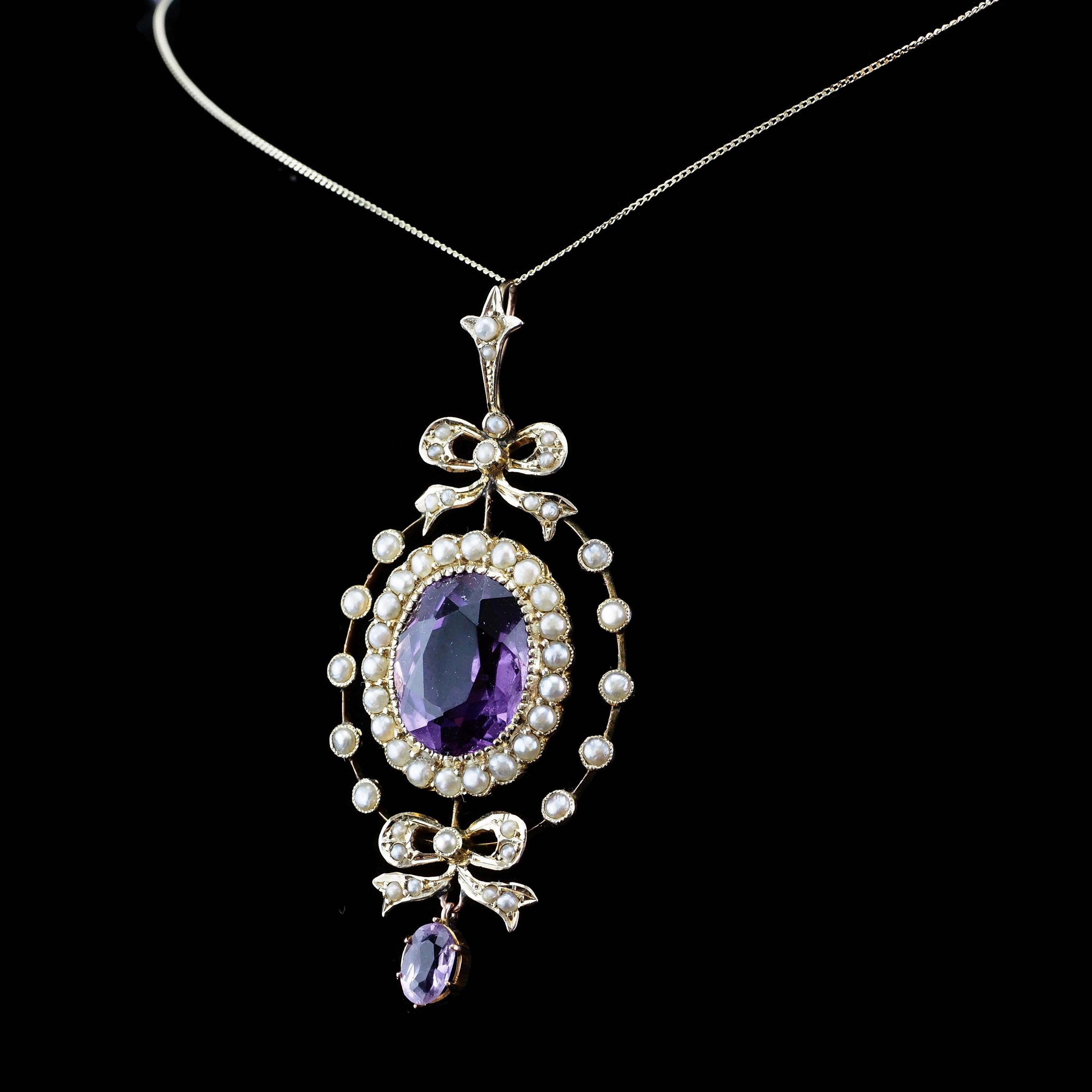 Antique Edwardian Amethyst & Seed Pearl 9k Gold Necklace Pendant, circa 1905 4