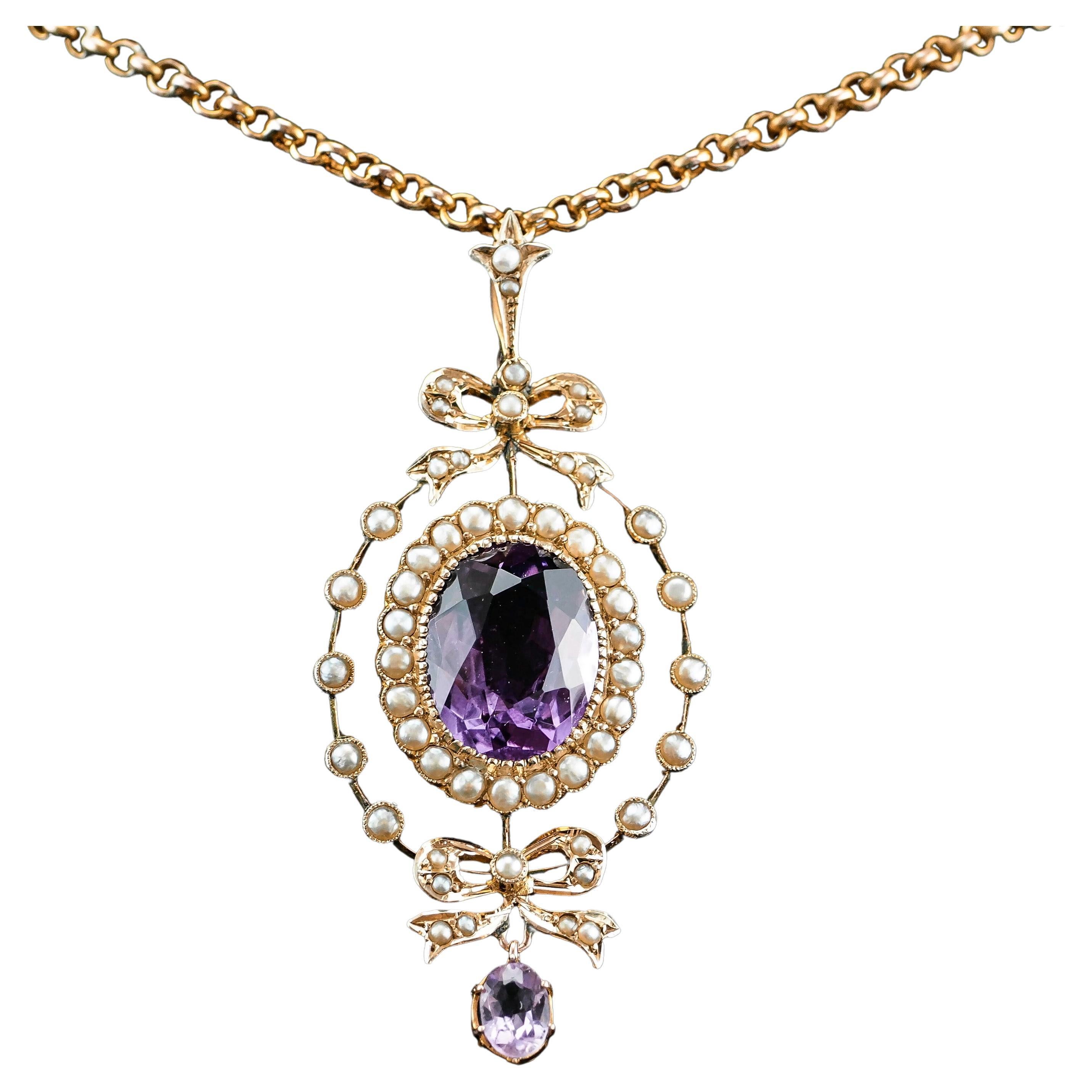 Antique Edwardian Amethyst & Seed Pearl 9k Gold Necklace Pendant, circa 1905
