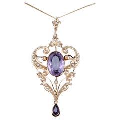 Antique Edwardian Amethyst & Seed Pearl 9K Gold Pendant Necklace Art Nouveau 