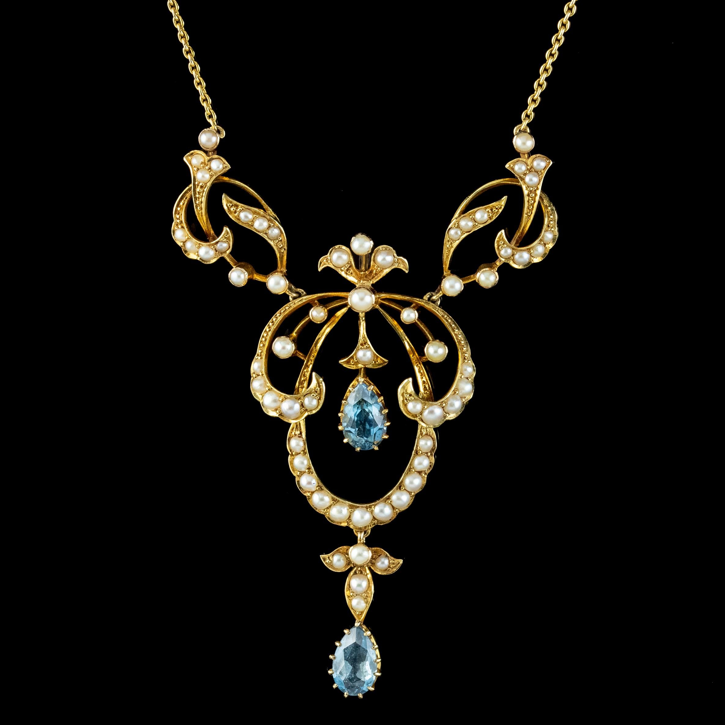 Pear Cut Antique Edwardian Aquamarine Pearl Lavaliere Necklace 15ct Gold