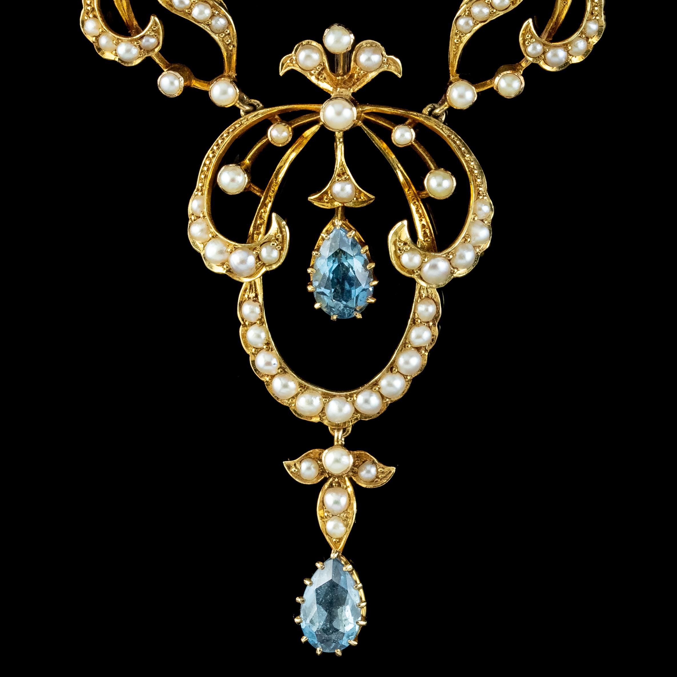 Antique Edwardian Aquamarine Pearl Lavaliere Necklace 15ct Gold In Good Condition In Kendal, GB