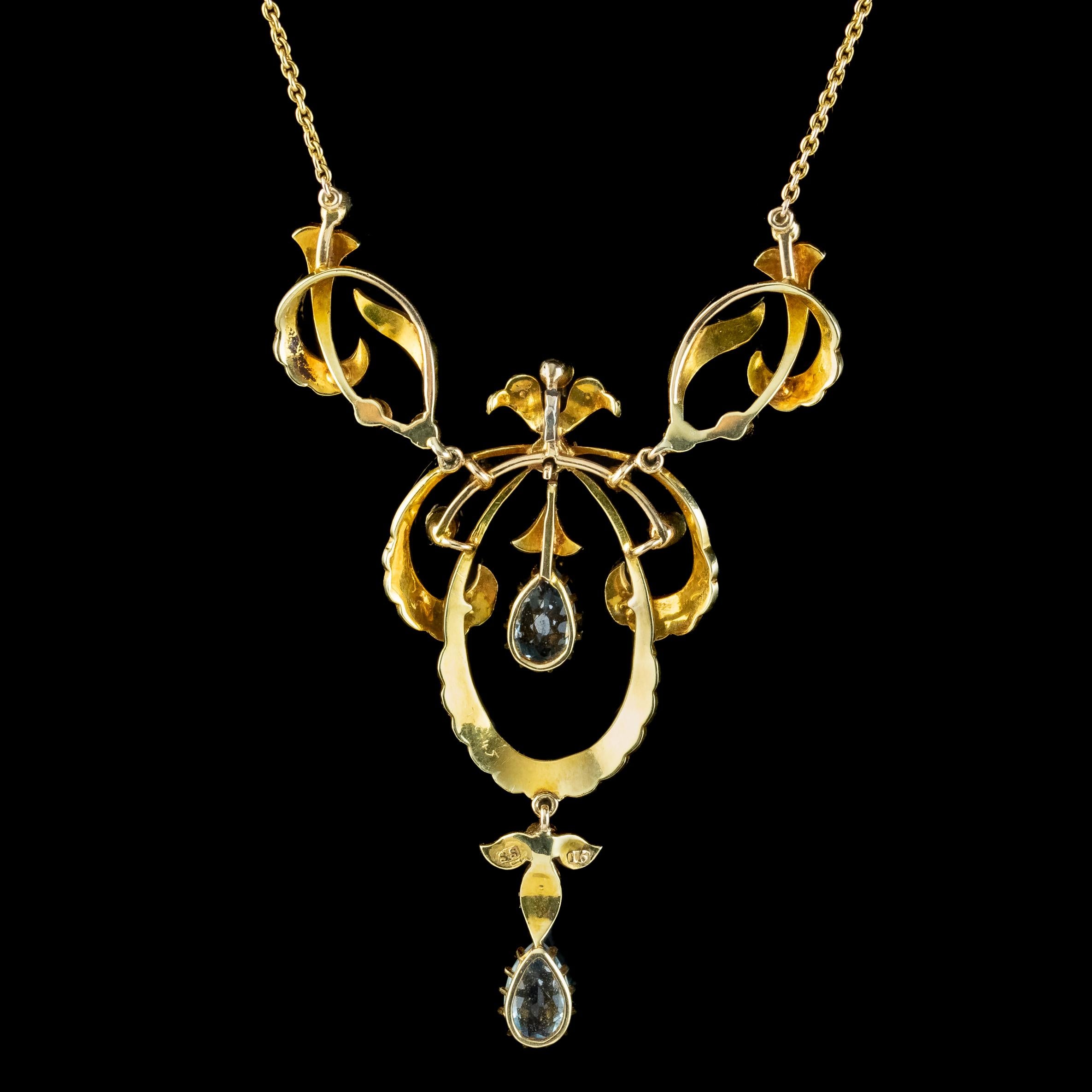 Women's Antique Edwardian Aquamarine Pearl Lavaliere Necklace 15ct Gold