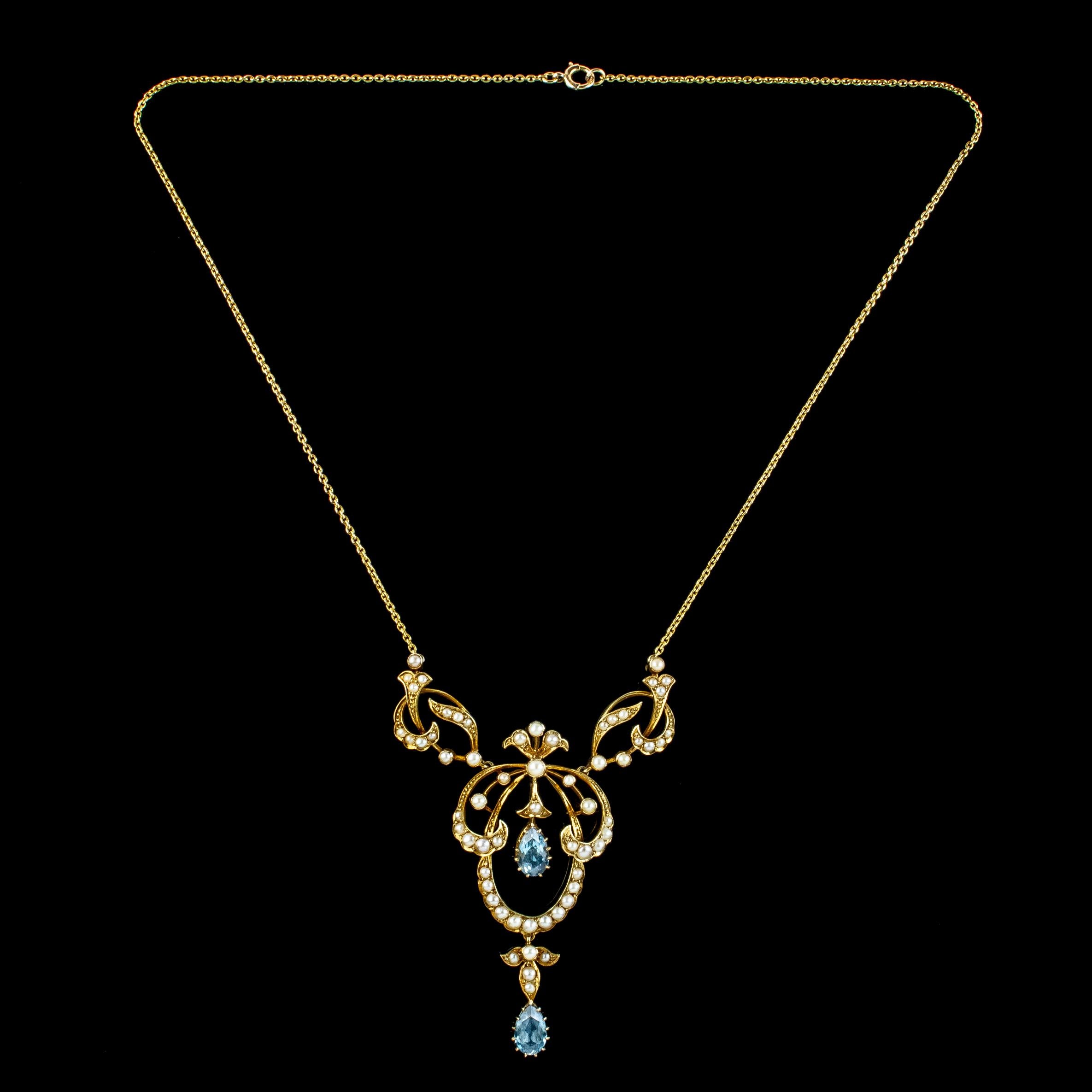 Antique Edwardian Aquamarine Pearl Lavaliere Necklace 15ct Gold 1