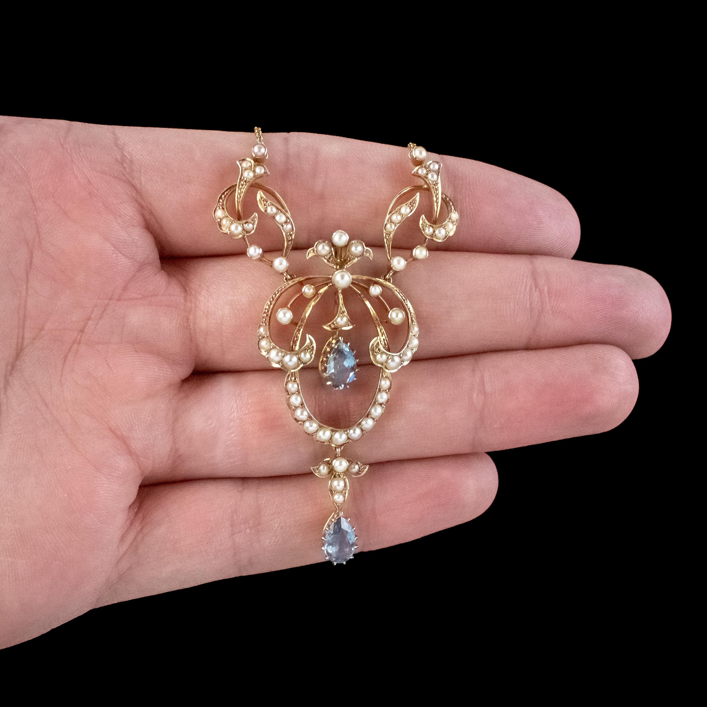 Antique Edwardian Aquamarine Pearl Lavaliere Necklace 15ct Gold 3