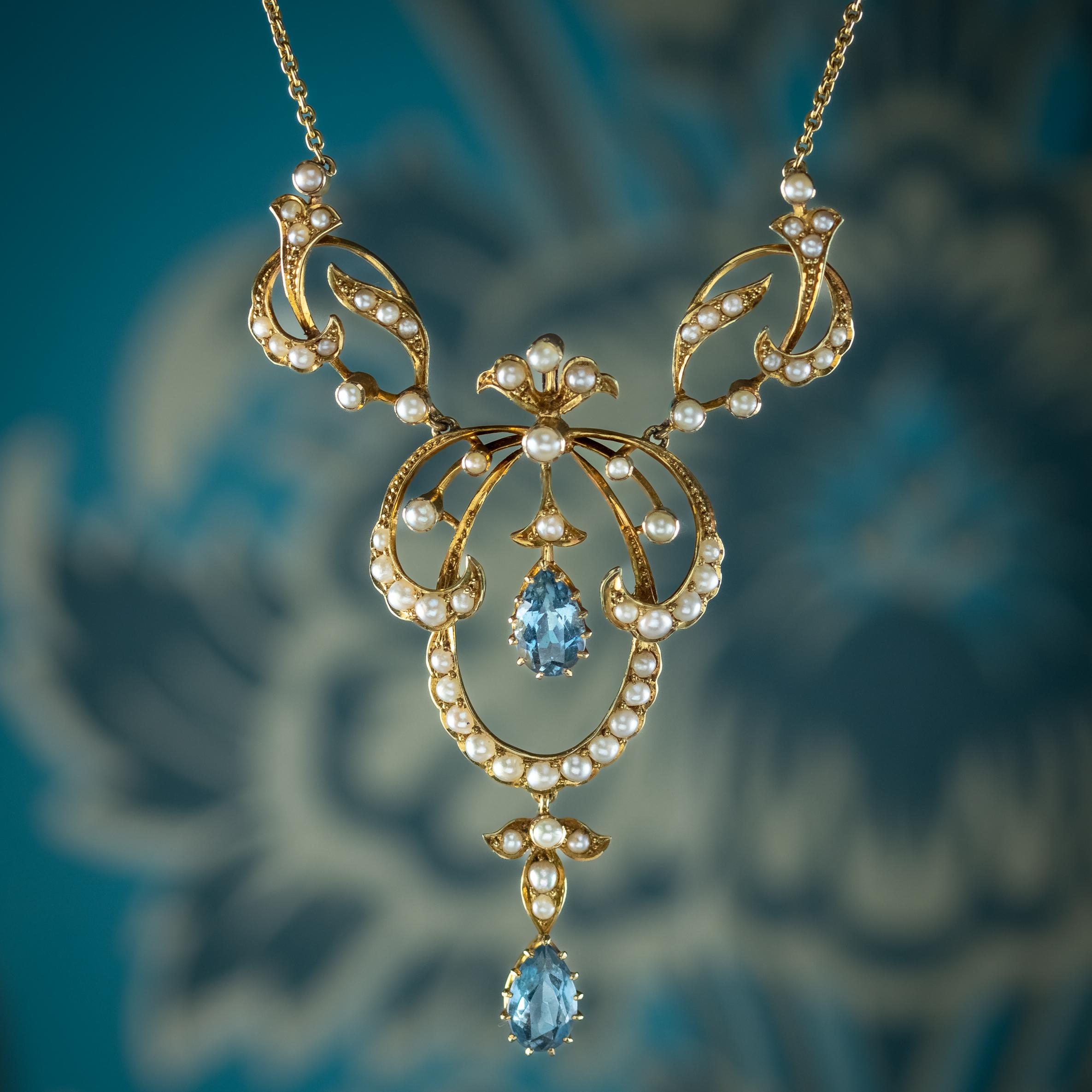Antique Edwardian Aquamarine Pearl Lavaliere Necklace 15ct Gold 4