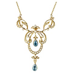Antike Edwardianische Aquamarin-Perlen-Lavaliere-Halskette aus 15 Karat Gold