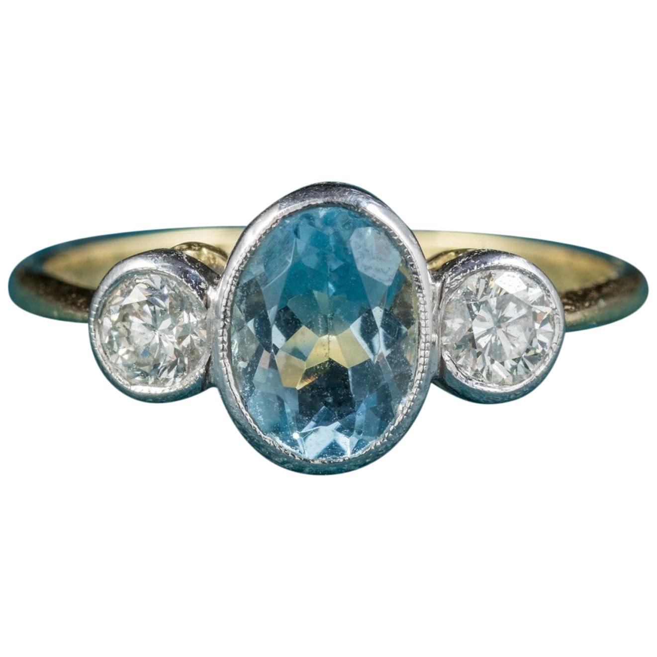 Antique Edwardian Aquamarine Trilogy 18 Carat Gold circa 1910 Ring