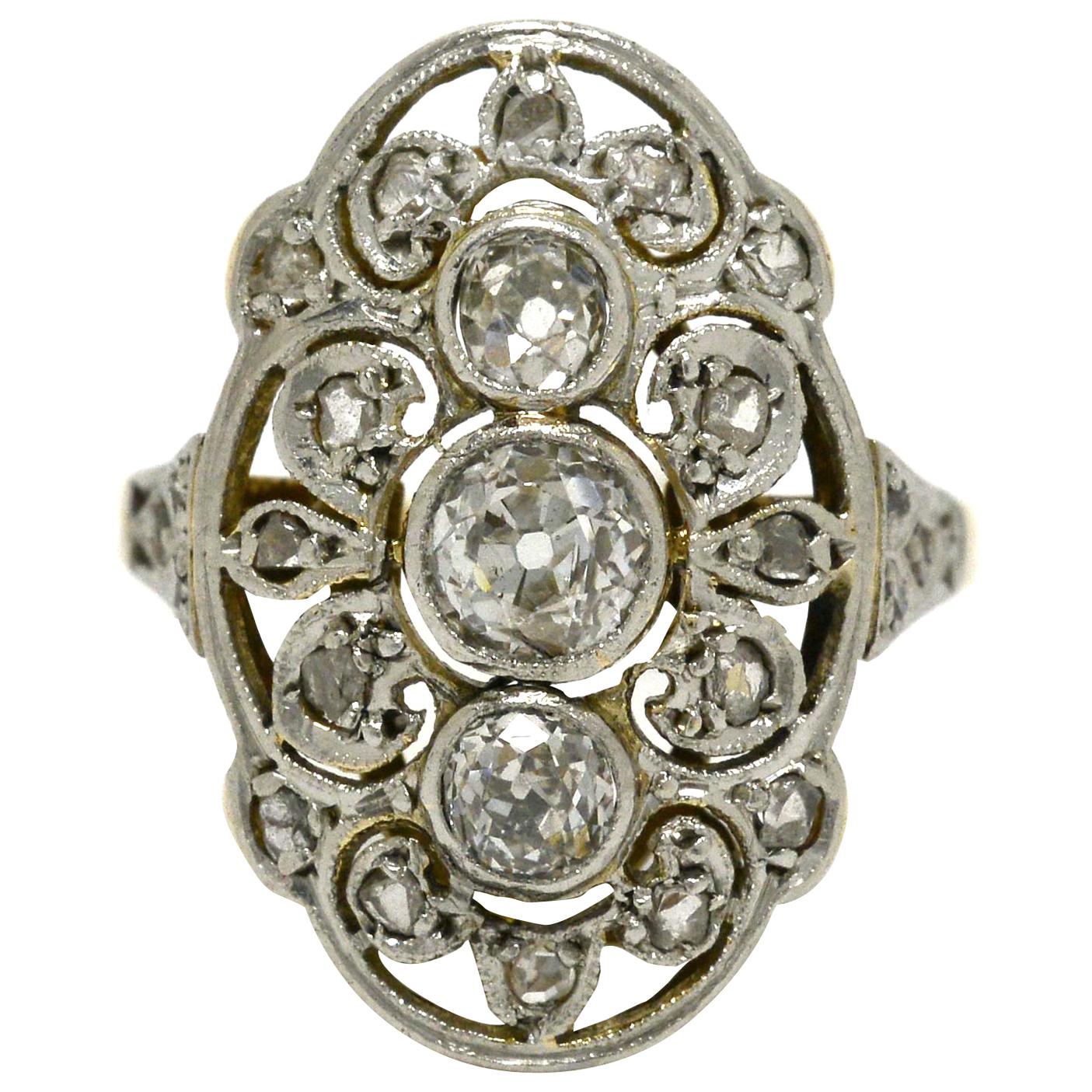 Antique Edwardian Art Deco Diamond Long Cocktail Ring 3-Stone, 1910