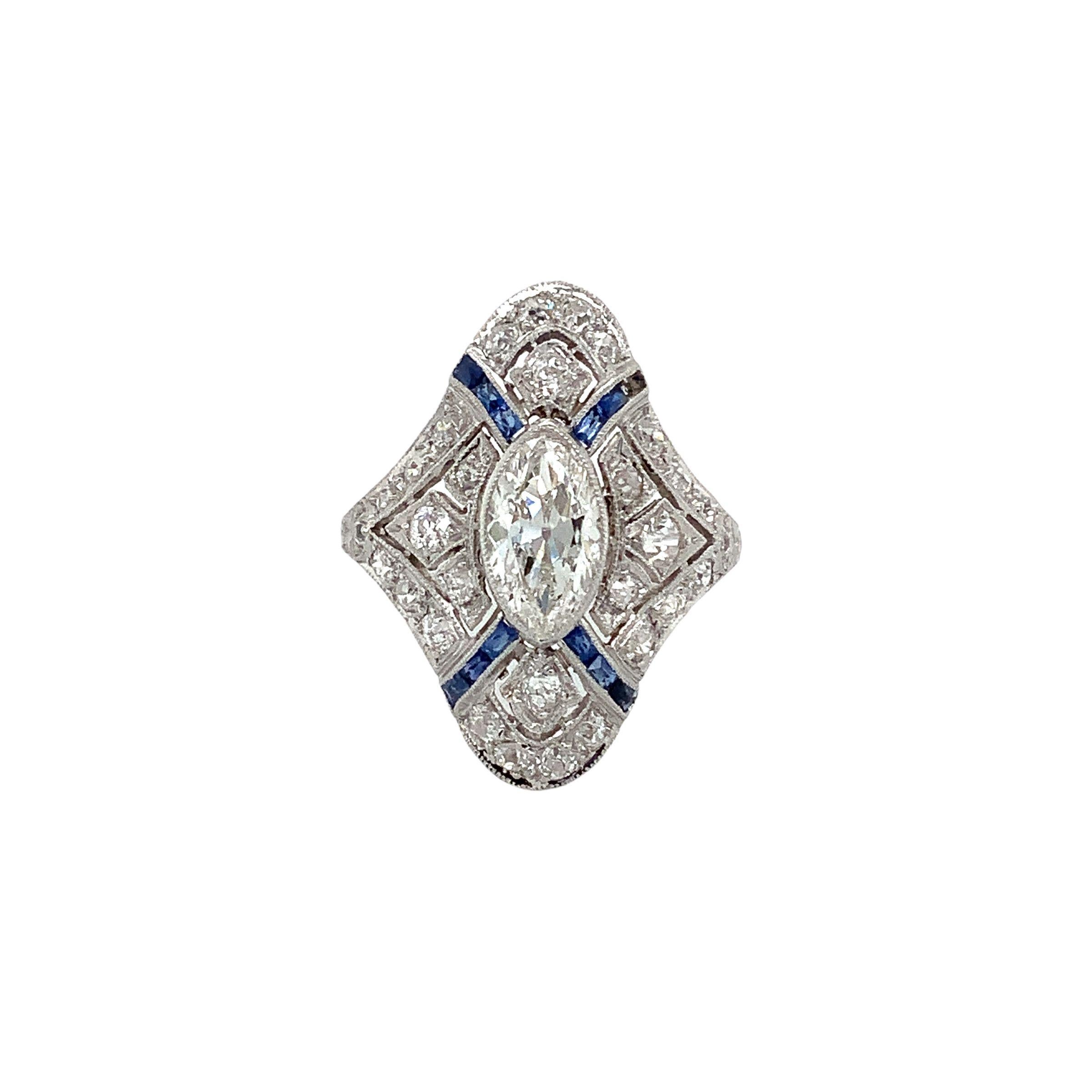Marquise Cut Antique Edwardian, Art Deco Filigree Marquise Diamond and Caliber Sapphire Ring For Sale