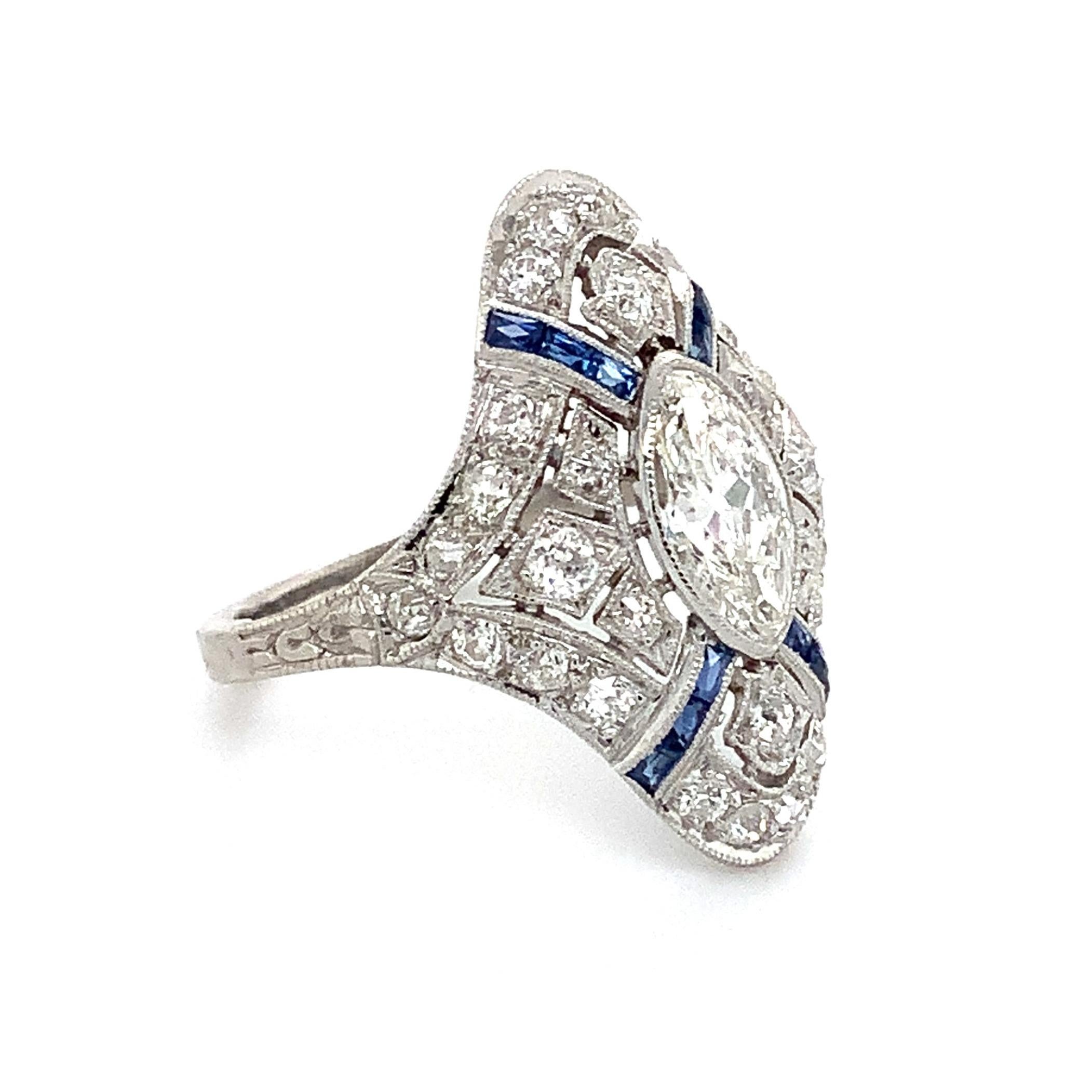 Antique Edwardian, Art Deco Filigree Marquise Diamond and Caliber Sapphire Ring In Fair Condition For Sale In Los Gatos, CA