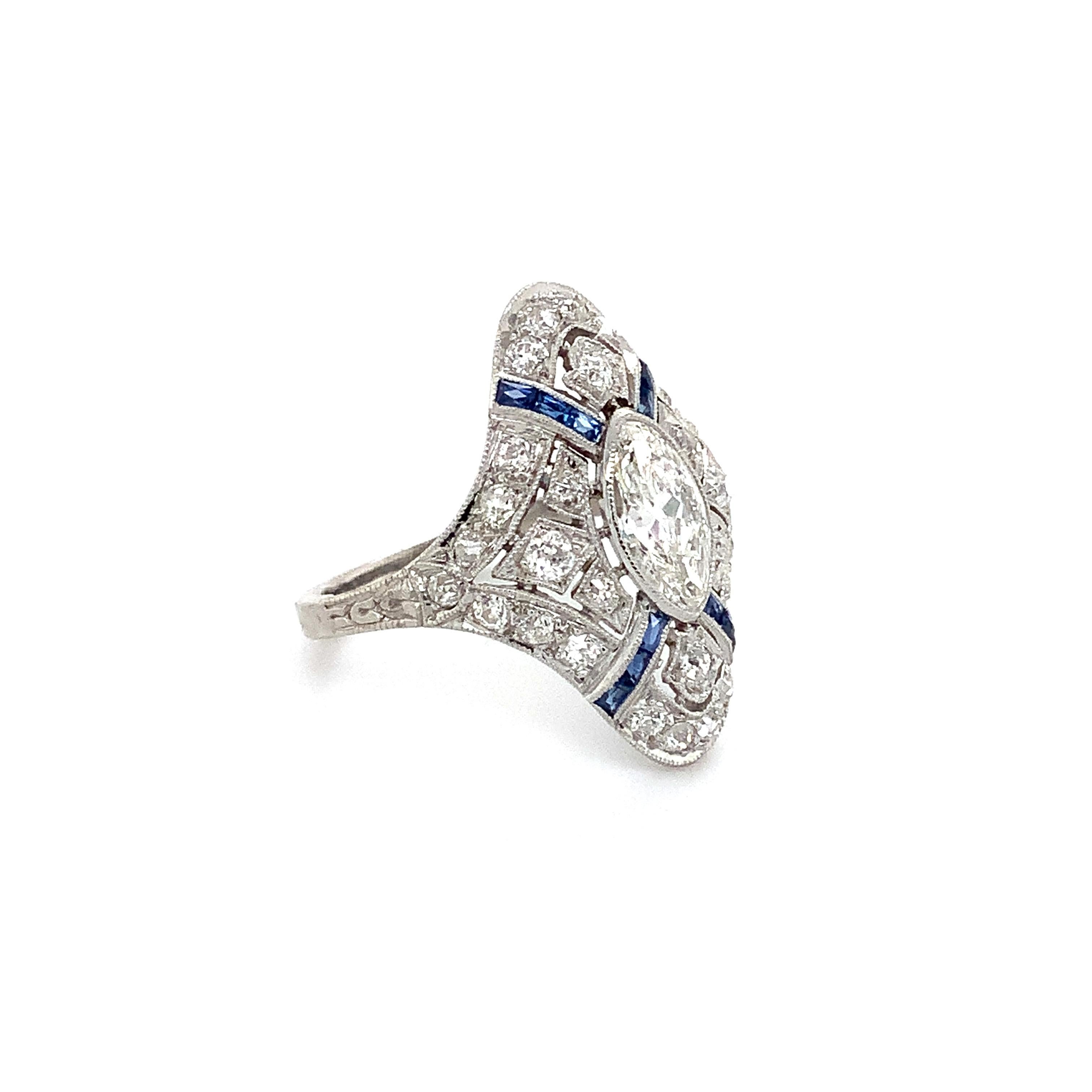 Women's Antique Edwardian, Art Deco Filigree Marquise Diamond and Caliber Sapphire Ring For Sale