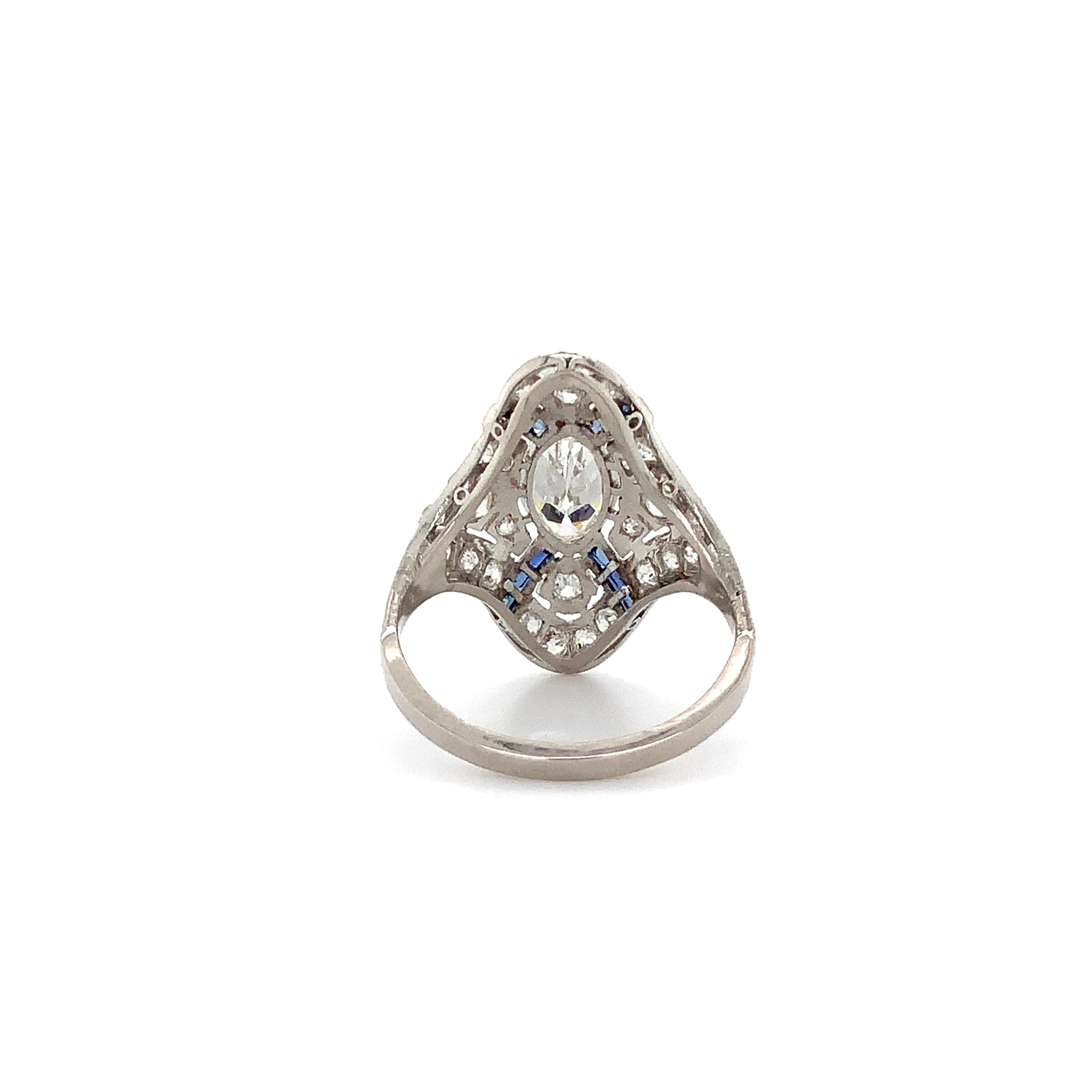 Antique Edwardian, Art Deco Filigree Marquise Diamond and Caliber Sapphire Ring For Sale 2