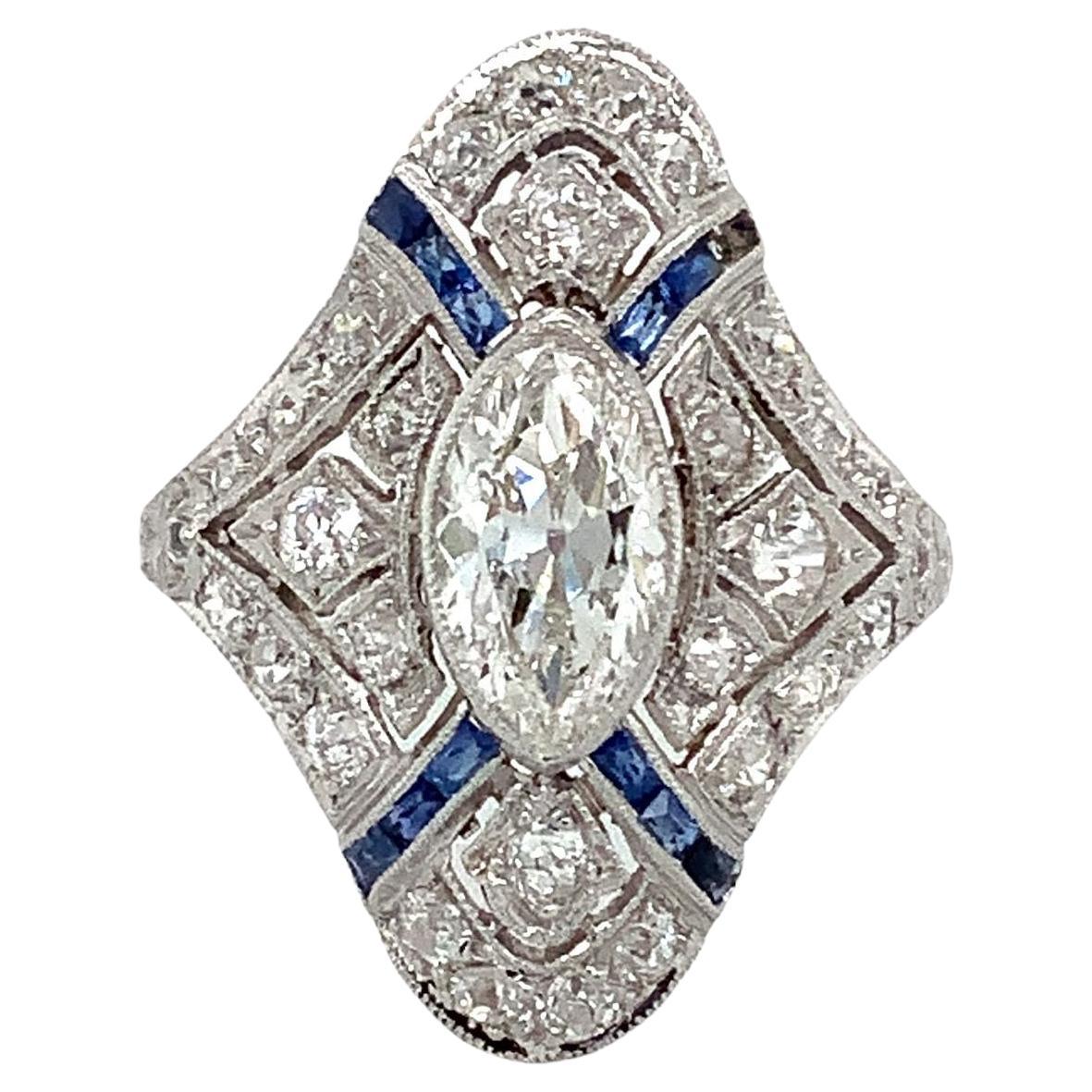 Antique Edwardian, Art Deco Filigree Marquise Diamond and Caliber Sapphire Ring