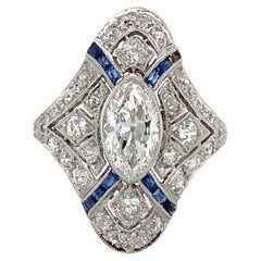 Antique Edwardian, Art Deco Filigree Marquise Diamond and Caliber Sapphire Ring