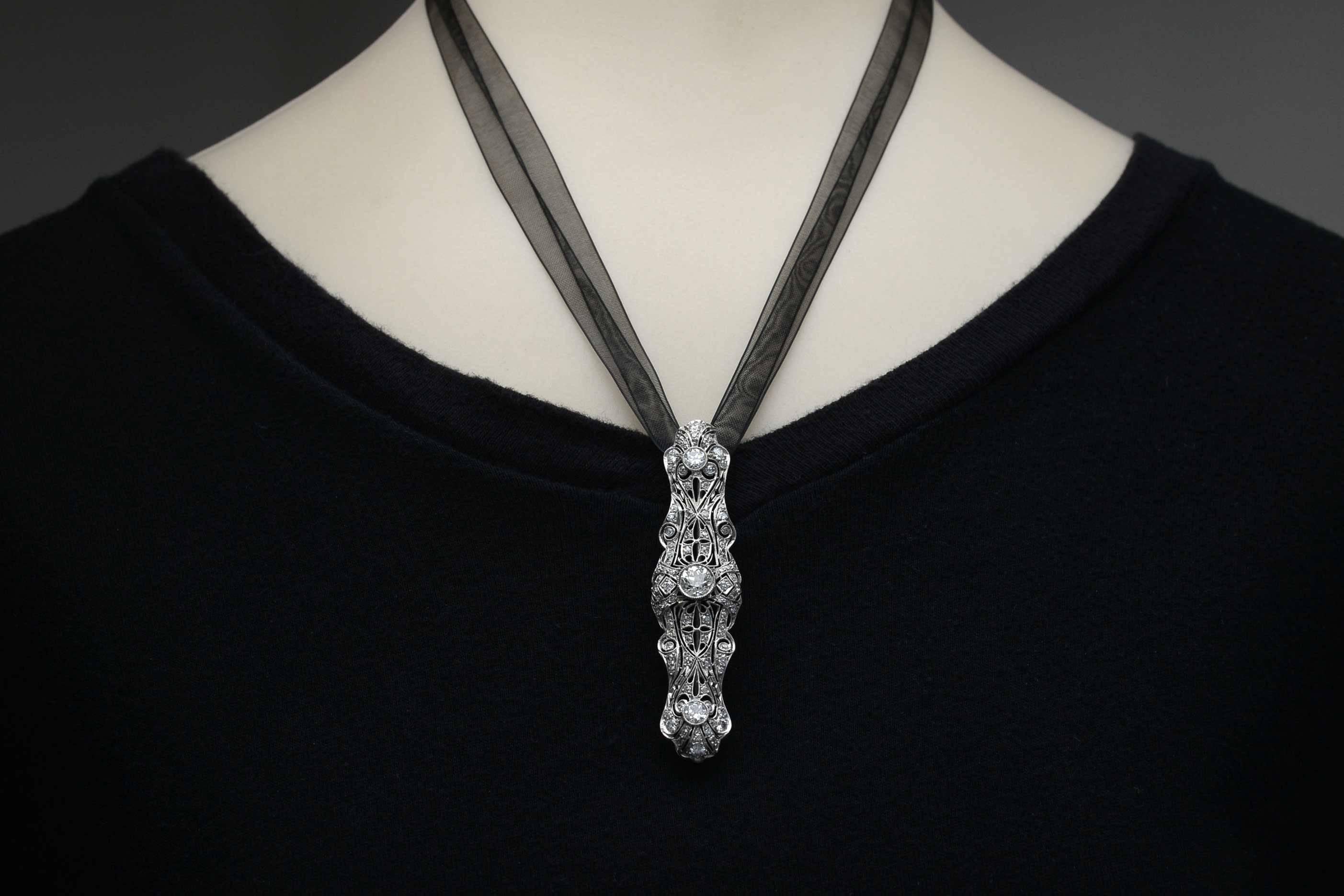 Women's Edwardian 3.46 Carat Diamond Platinum Brooch Necklace For Sale