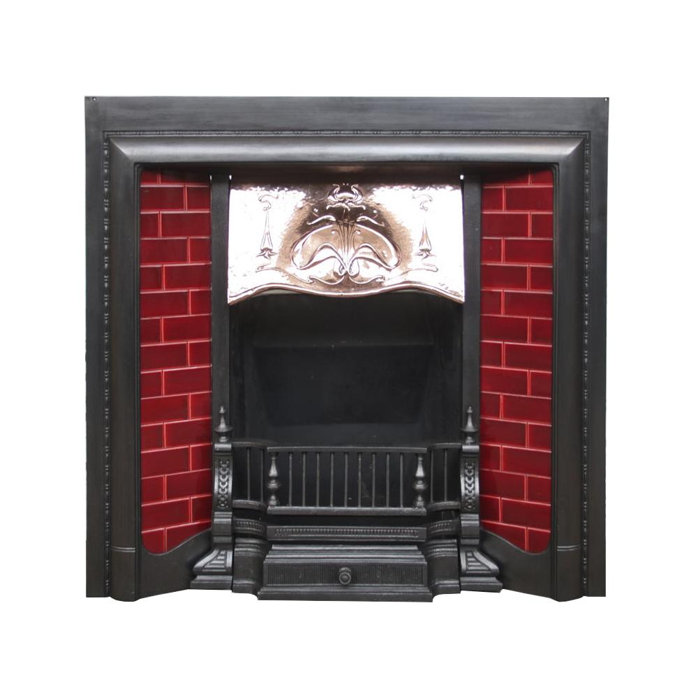 Antique Edwardian Art Nouveau Cast Iron and Copper Fireplace Insert