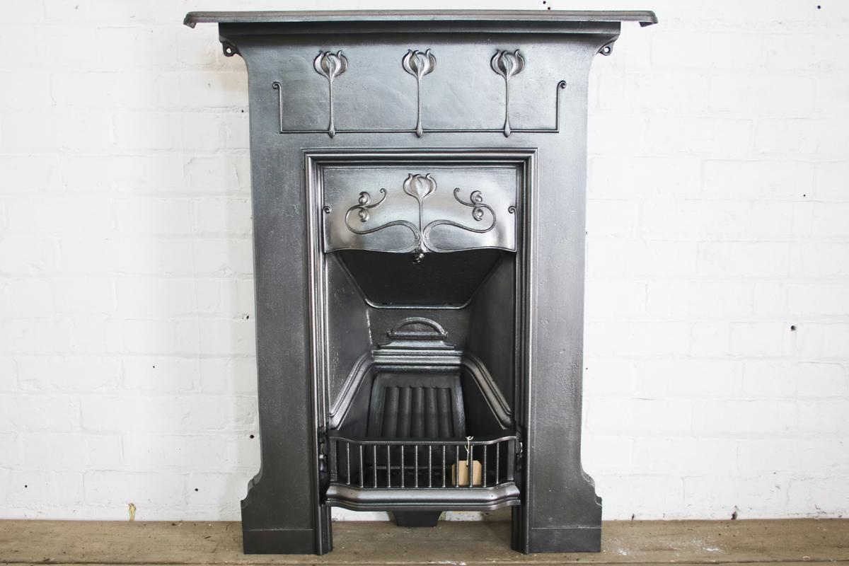 Antique Edwardian Art Nouveau Cast Iron Bedroom Fireplace 3
