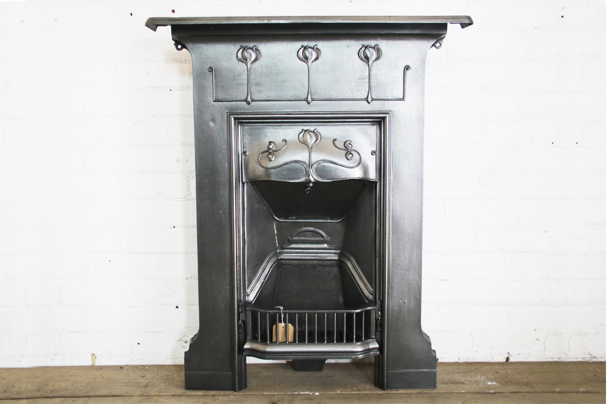 Antique Edwardian Art Nouveau Cast Iron Bedroom Fireplace 3
