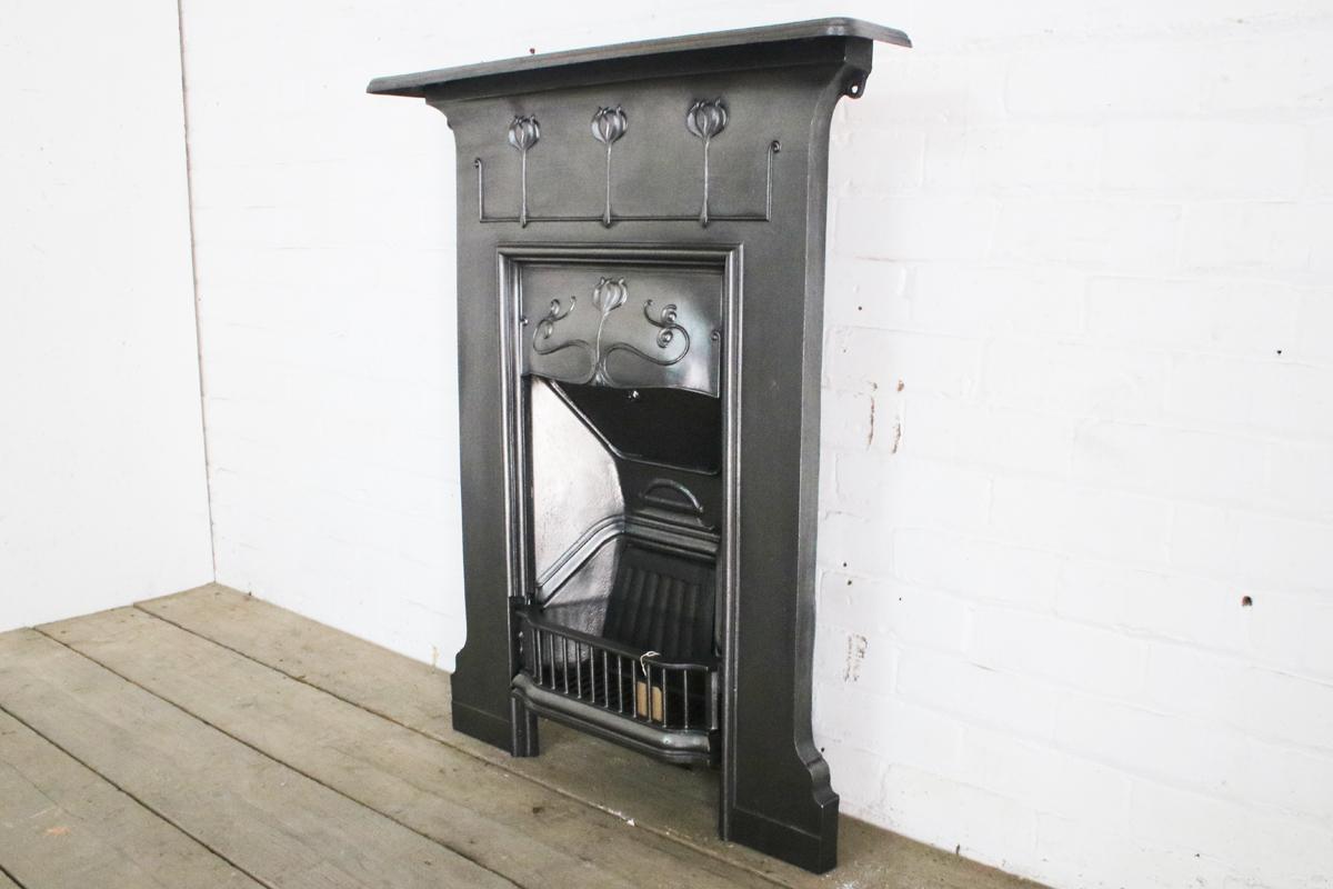 English Antique Edwardian Art Nouveau Cast Iron Bedroom Fireplace