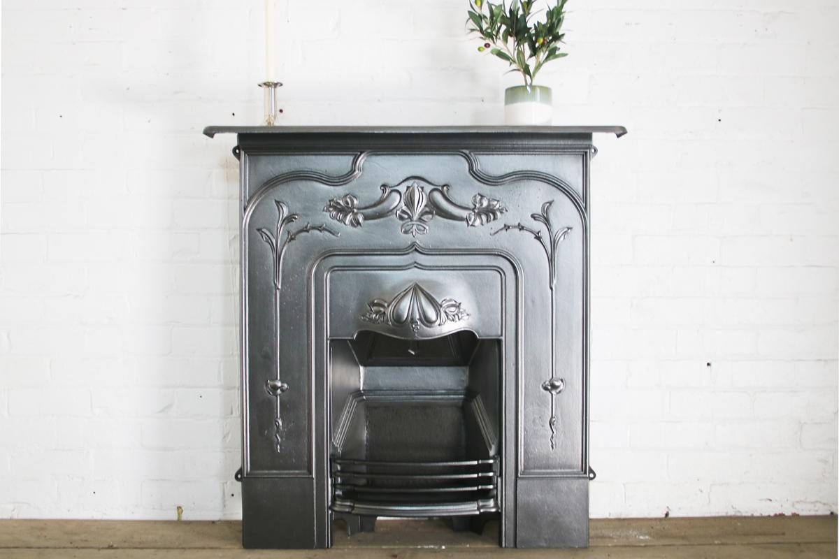 English Antique Edwardian Art Nouveau Cast Iron Combination Fireplace