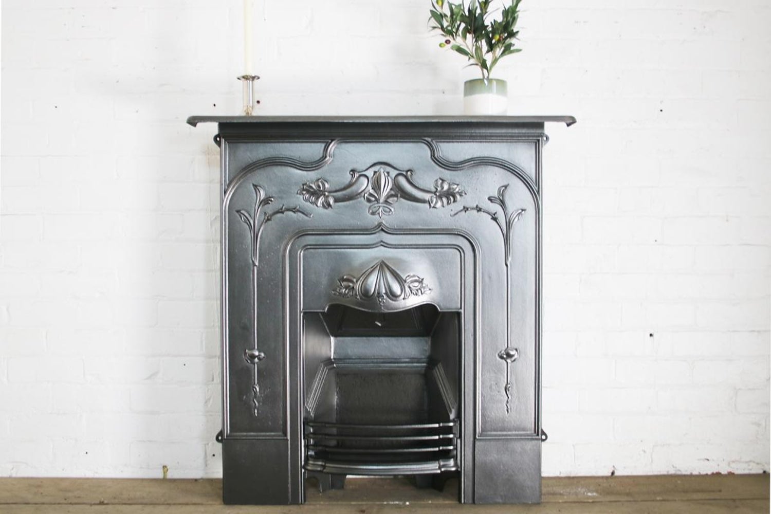 Antique Edwardian Art Nouveau Cast Iron Combination Fireplace For