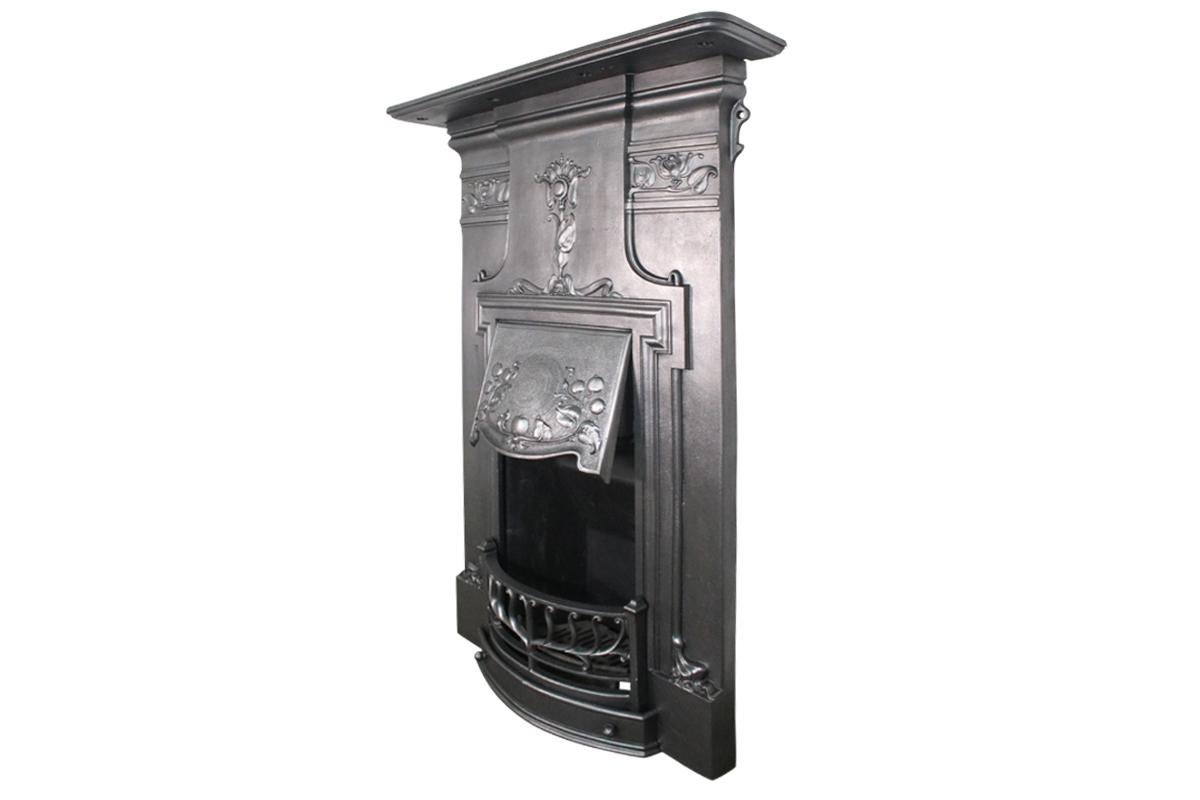Tall original antique Edwardian Art Nouveau cast iron combination grate. Dated 1903/1904 

This fireplace has been finished with traditional black grate polish to give a pewter / gun metal look. Complete with a new clay fire back and cast iron