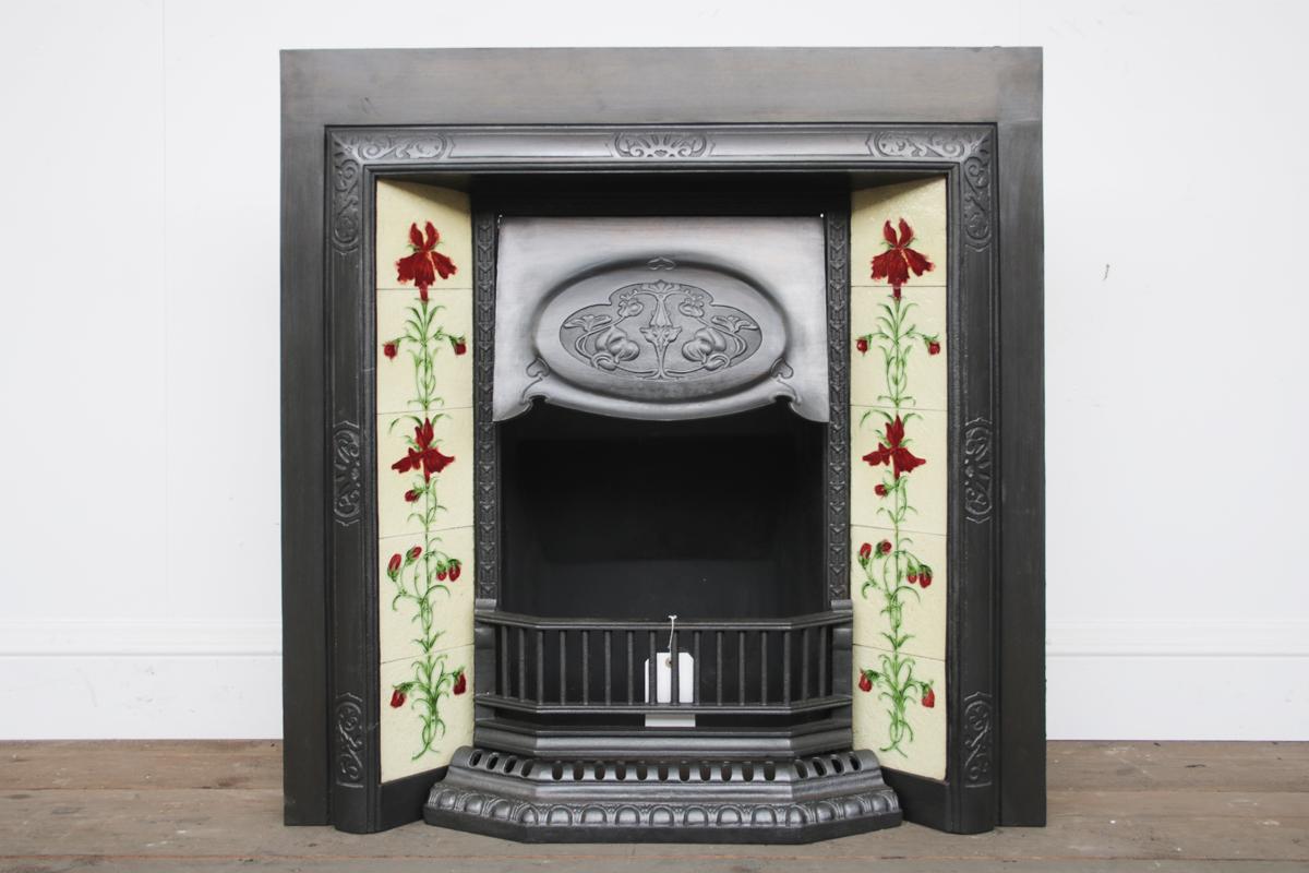 Ceramic Antique Edwardian Art Nouveau Cast Iron Fireplace Insert