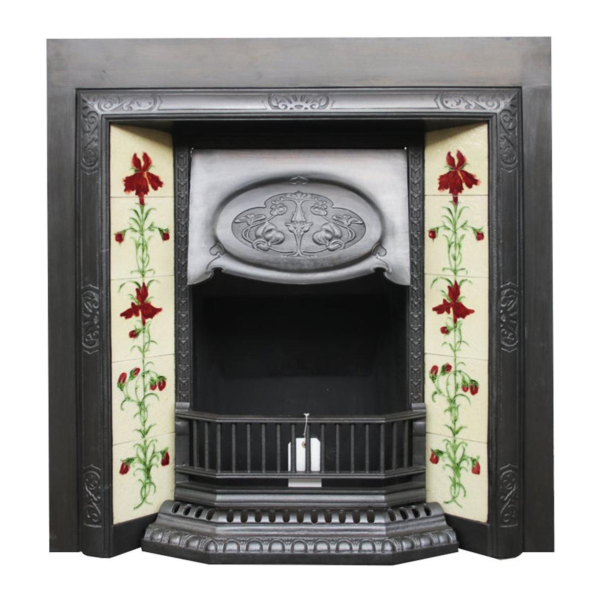 Antique Edwardian Art Nouveau Cast Iron Fireplace Insert