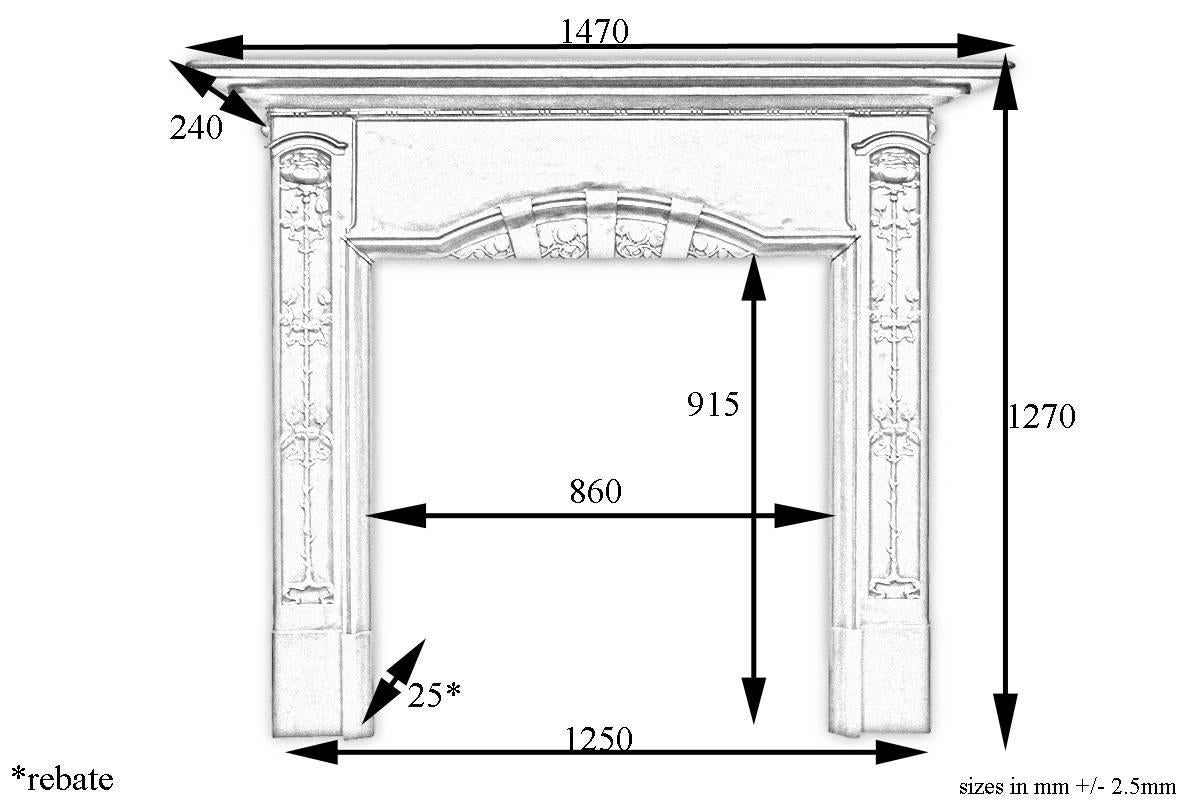 Polished antique Edwardian Art Nouveau cast iron fireplace surround with tall stem rose growing up each jamb, to the frieze is arched detail containing stylized flowers and flowing tendril, circa 1905.

For detailed sizes please see diagram within