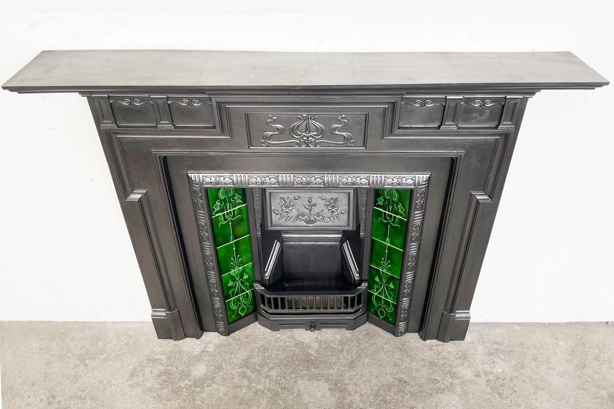 Antique Edwardian Art Nouveau Cast Iron Fireplace Surround 3