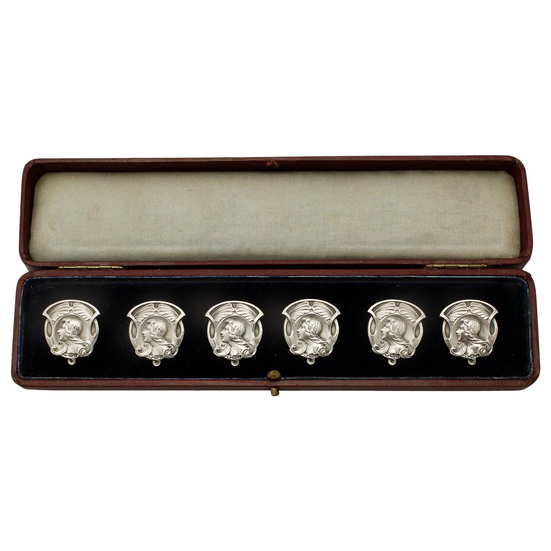 Antique Edwardian Art Nouveau Style Set of Six Sterling Silver Buttons