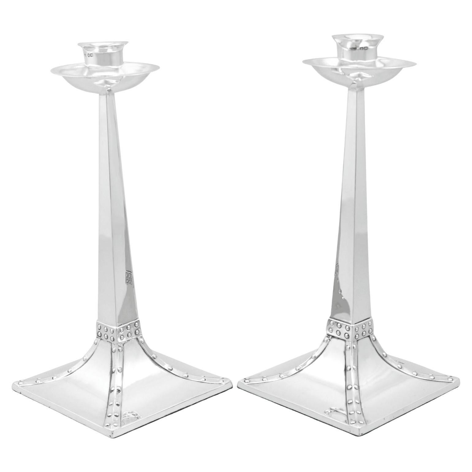 Antique Edwardian Arts and Crafts Style Sterling Silver Candlesticks (1901)