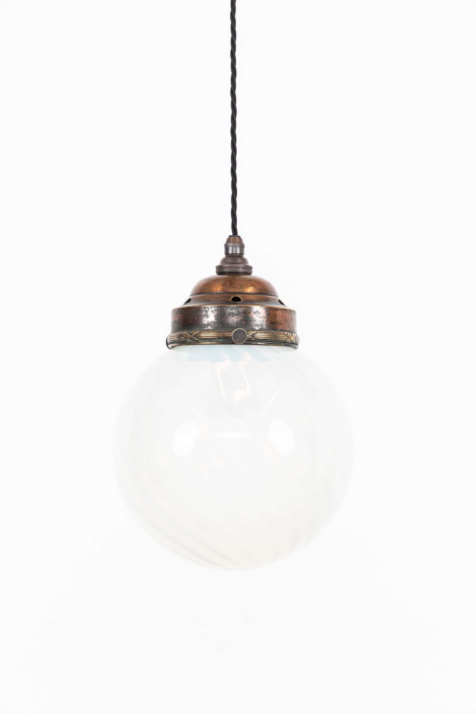 Hand-Crafted Antique Edwardian Arts & Crafts Globe Vaseline Glass Light Pendant Lamp, C.1910 For Sale