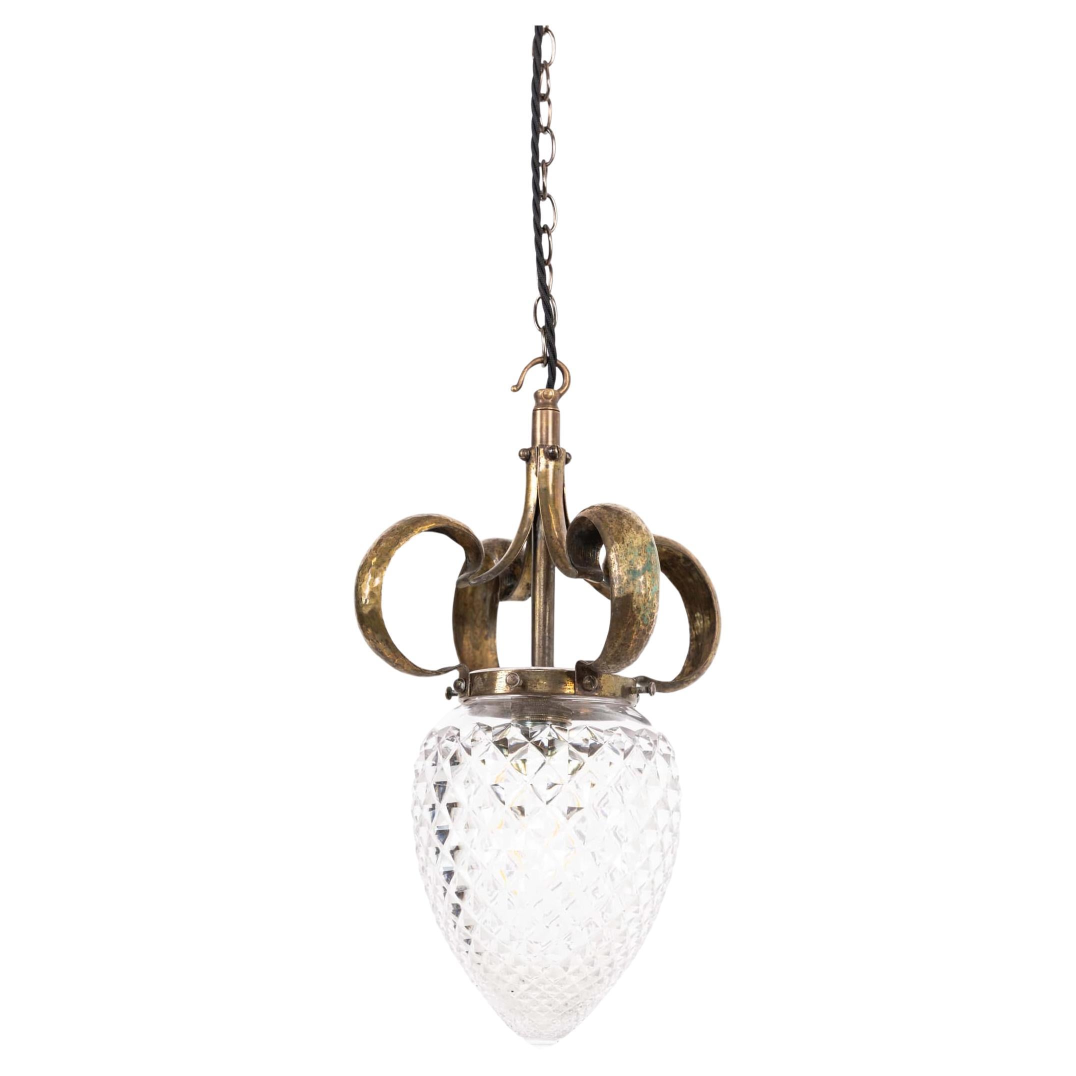 Antique Edwardian Arts 
Crafts Ornate Cut Glass Light Pendant Lamp, C.1900