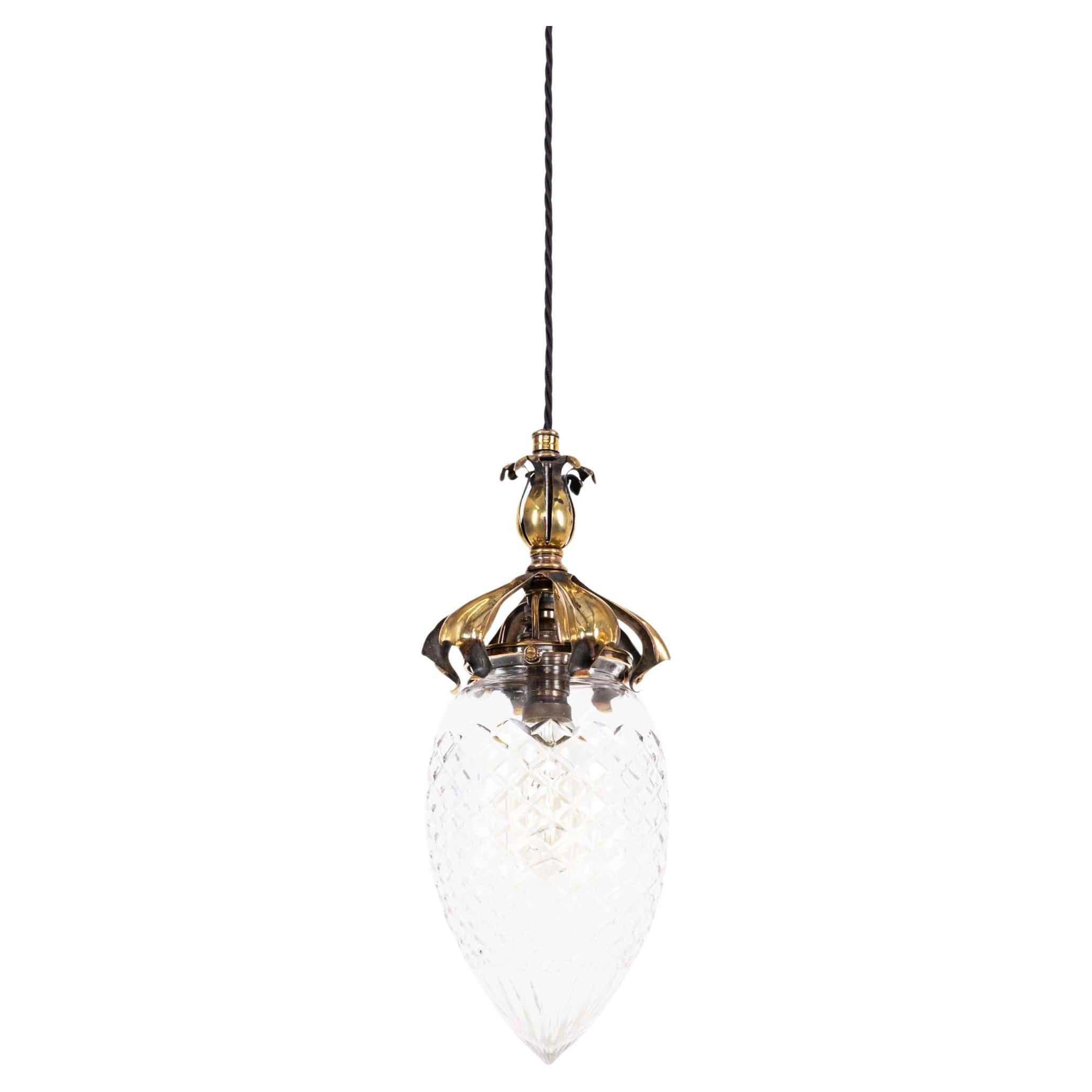 Antique Edwardian Arts 
Crafts Ornate Cut Glass Light Pendant Lamp, C.1900