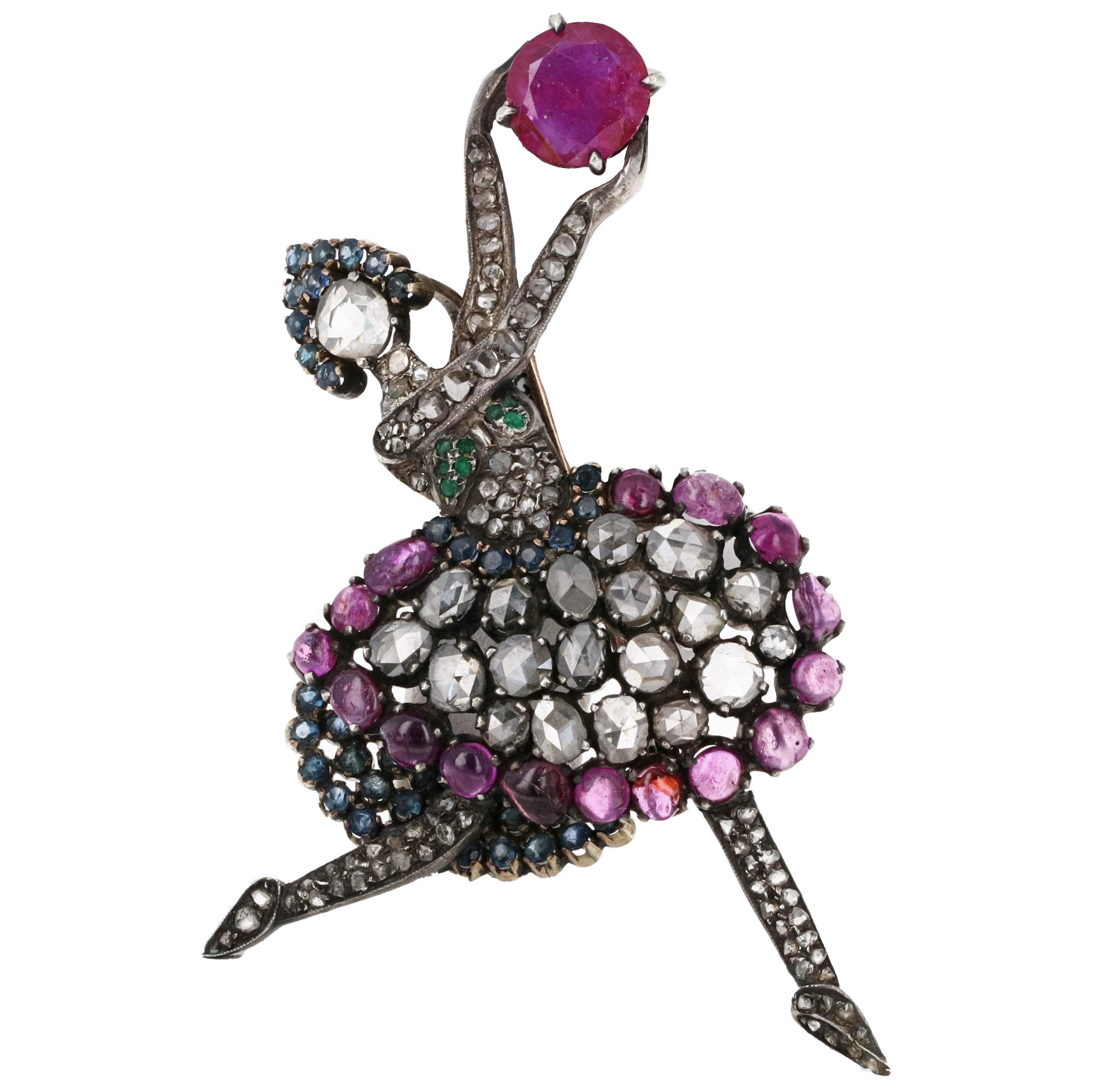 Antiguo broche eduardiano Bailarina GIA Birmania Sin Calor Corte redondo en venta