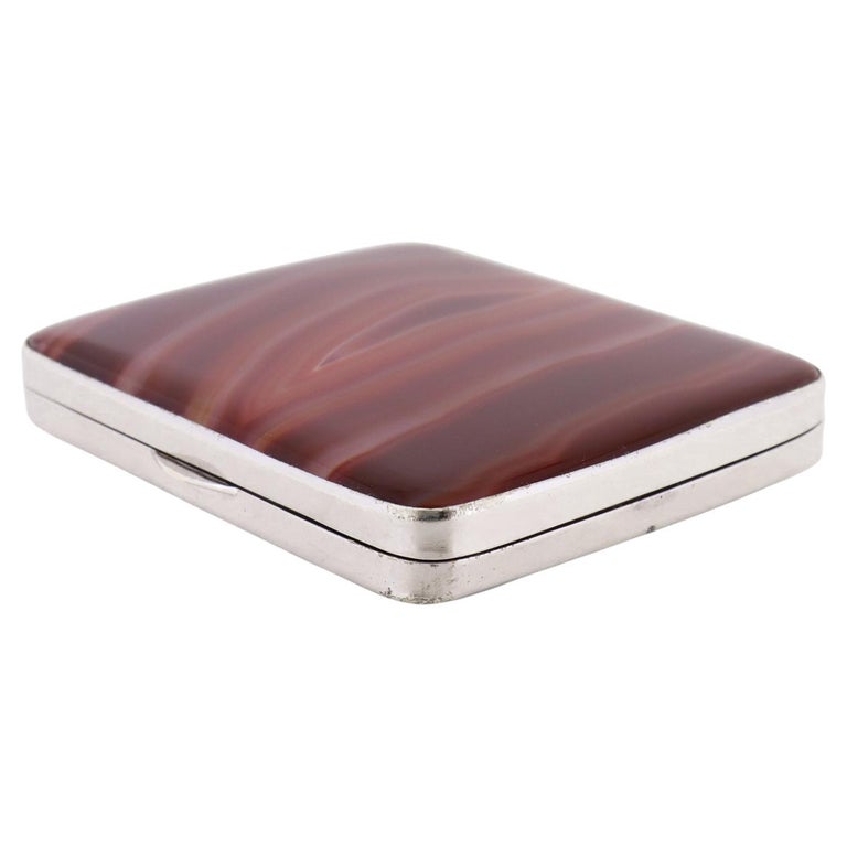 Antique Edwardian Banded Agate Silver Plate Mounted Cigarette Case For Sale  at 1stDibs