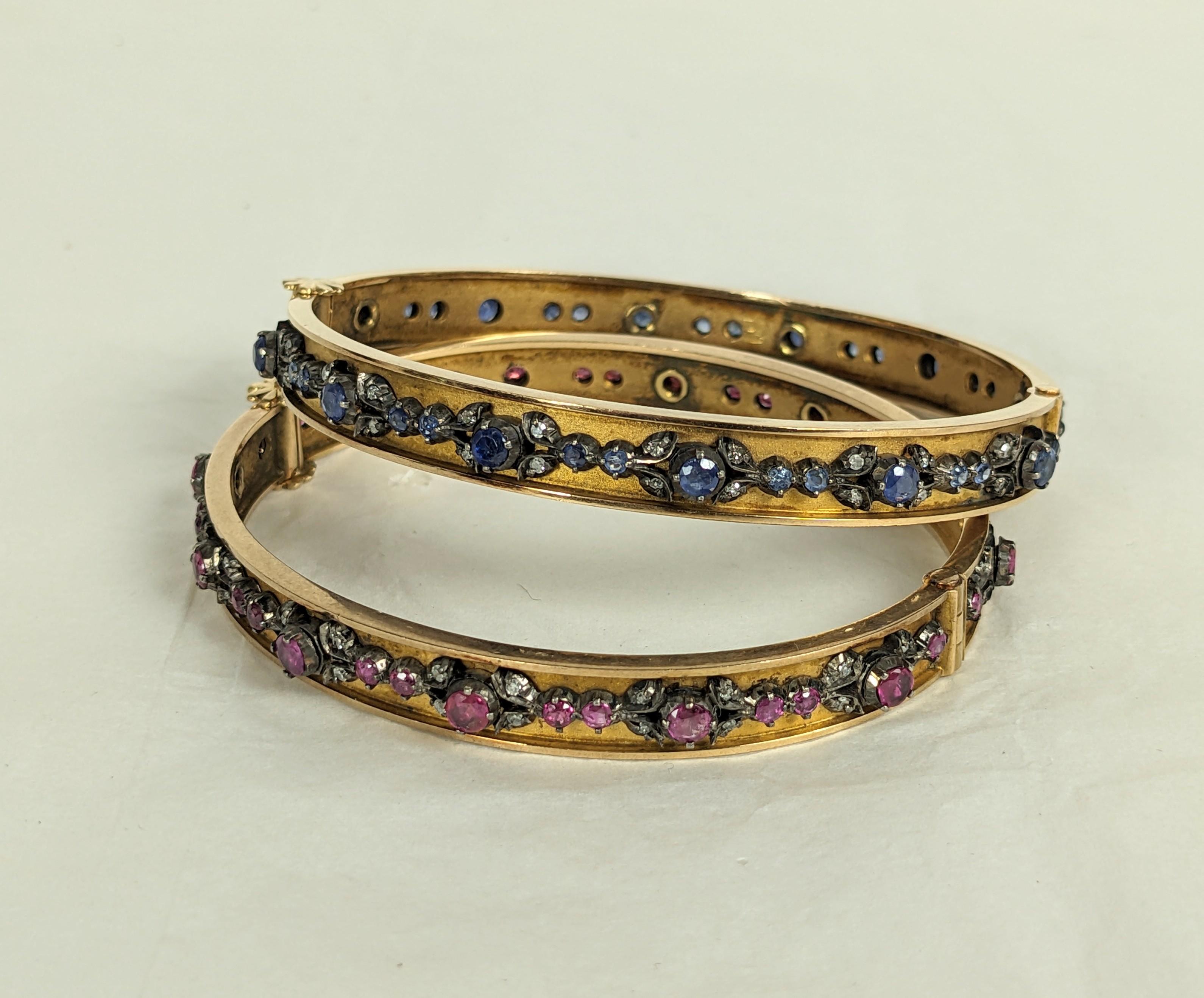 Lovely Matched Antique Edwardian Bangles set with Rubies or Sapphires and Diamond Accents. Each has a different color scheme but look amazing together. These date from circa 1900-10 and are of European manufacture (likely Italian). Very elegant